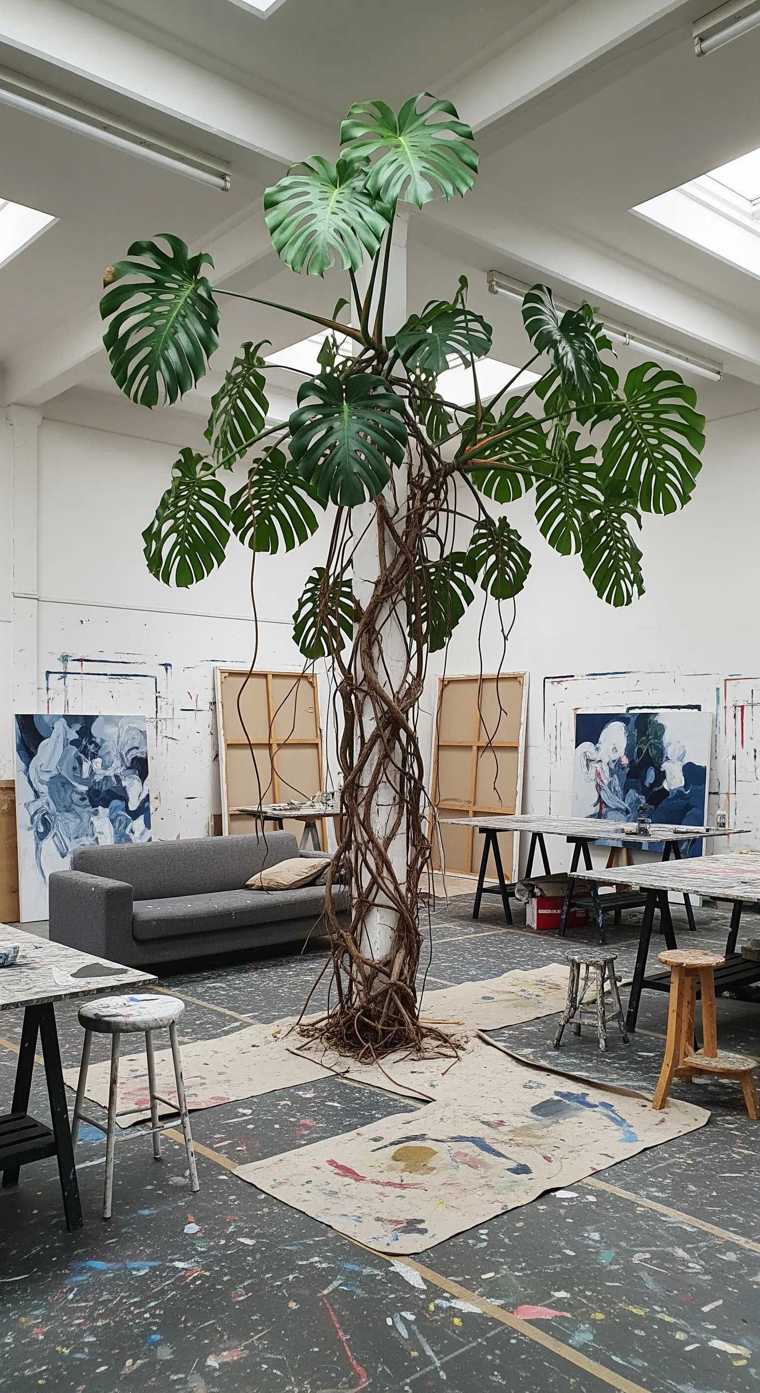 Una Monstera gigante con radici intrecciate al centro di uno studio d'artista.