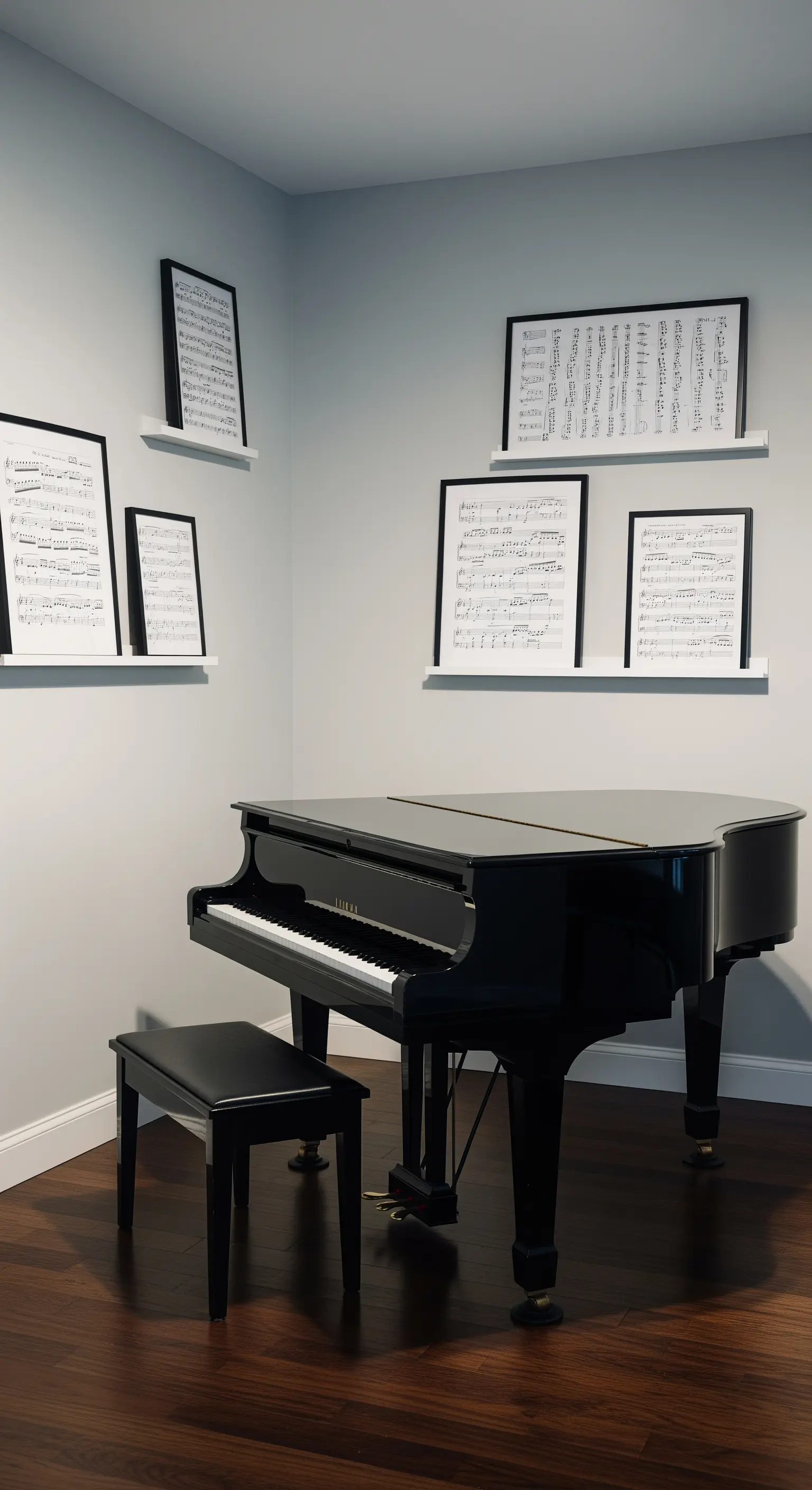 Pianoforte a coda nero con spartiti incorniciati appesi alle pareti grigie.