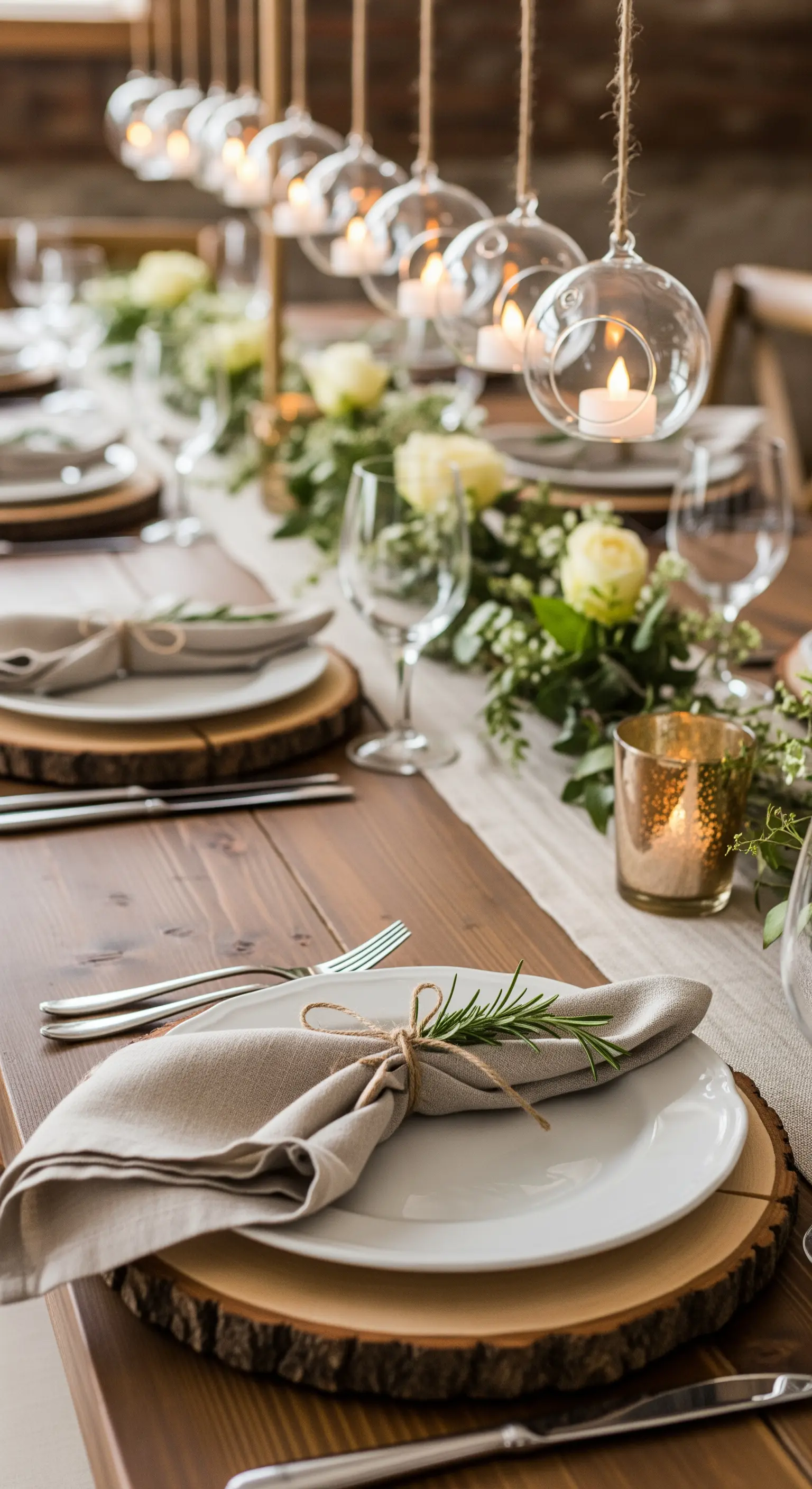 Dettaglio di una tavola con sottopiatti in legno, tovaglioli di lino e un rametto di rosmarino.