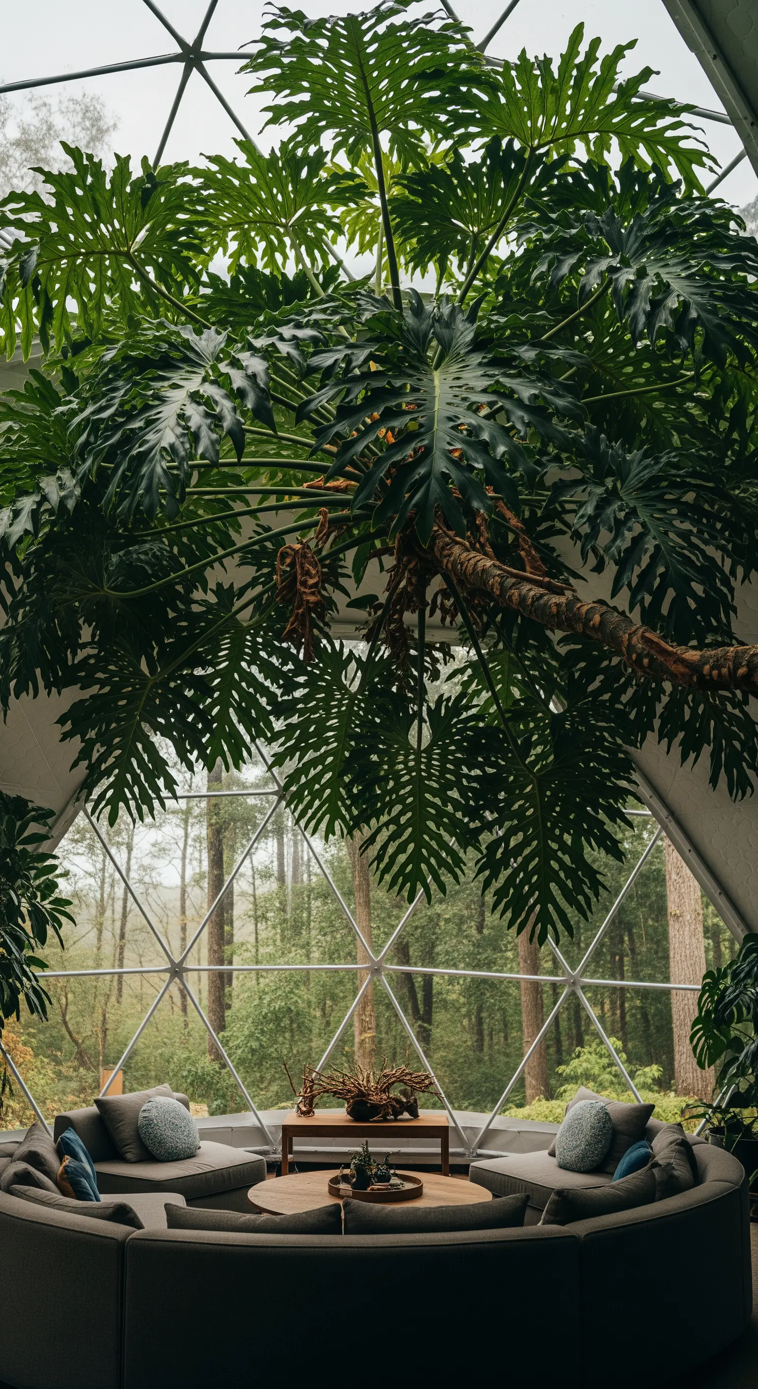Una grande pianta rampicante si estende sotto il soffitto di una casa a cupola geodetica.