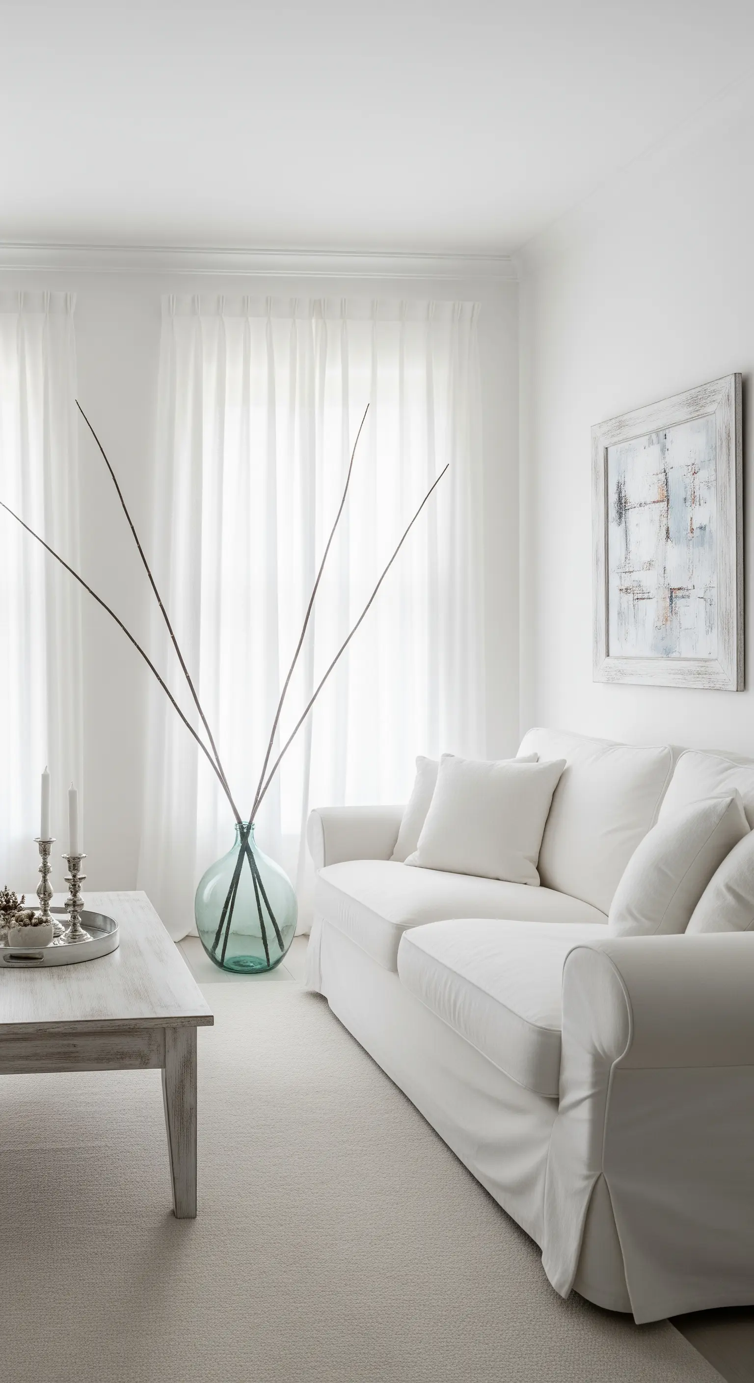 Soggiorno minimalista total white con un grande vaso di vetro contenente rami secchi.