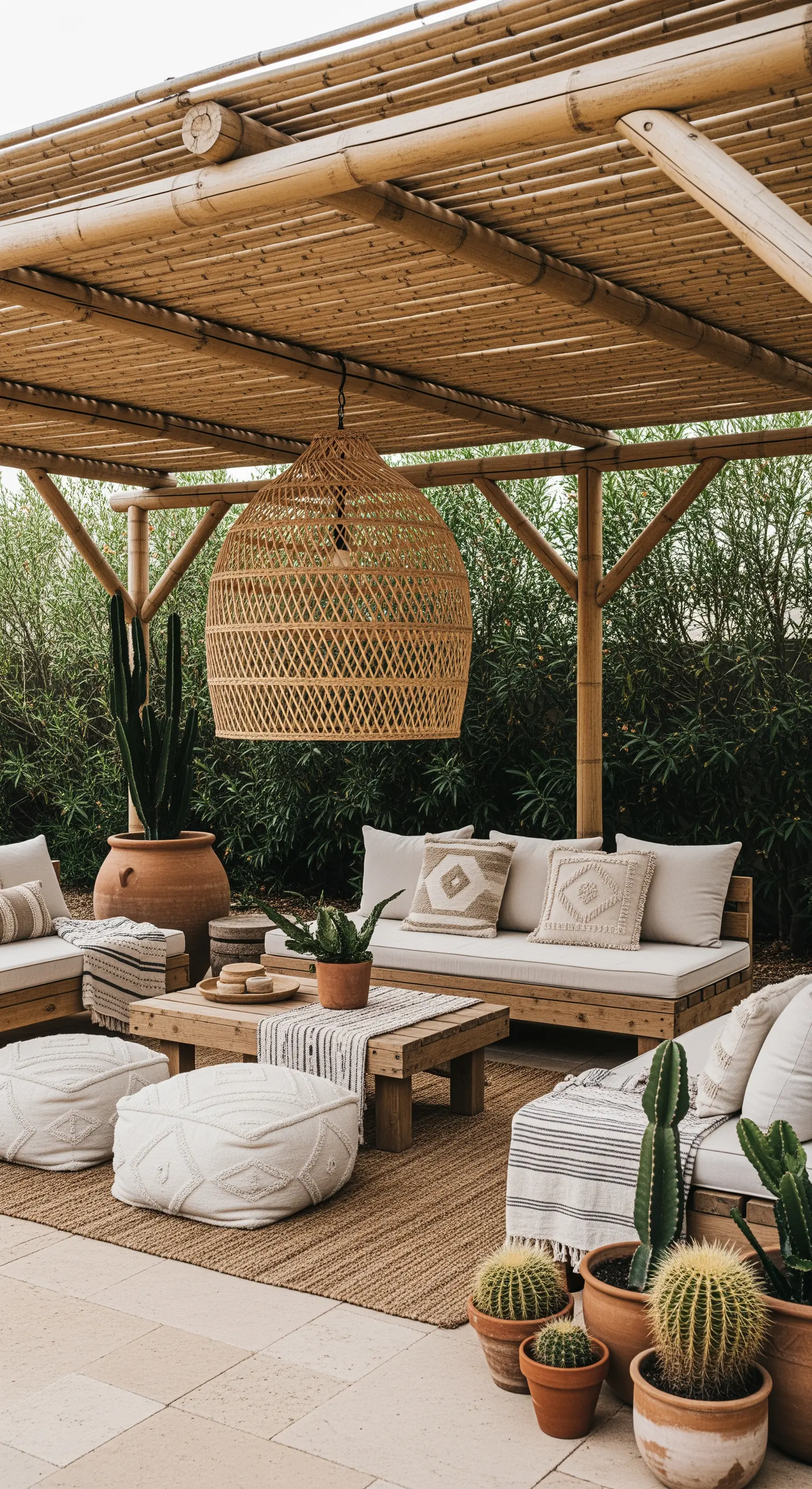 Patio in stile bohémien con pergola in bambù e grande lampada in rattan.