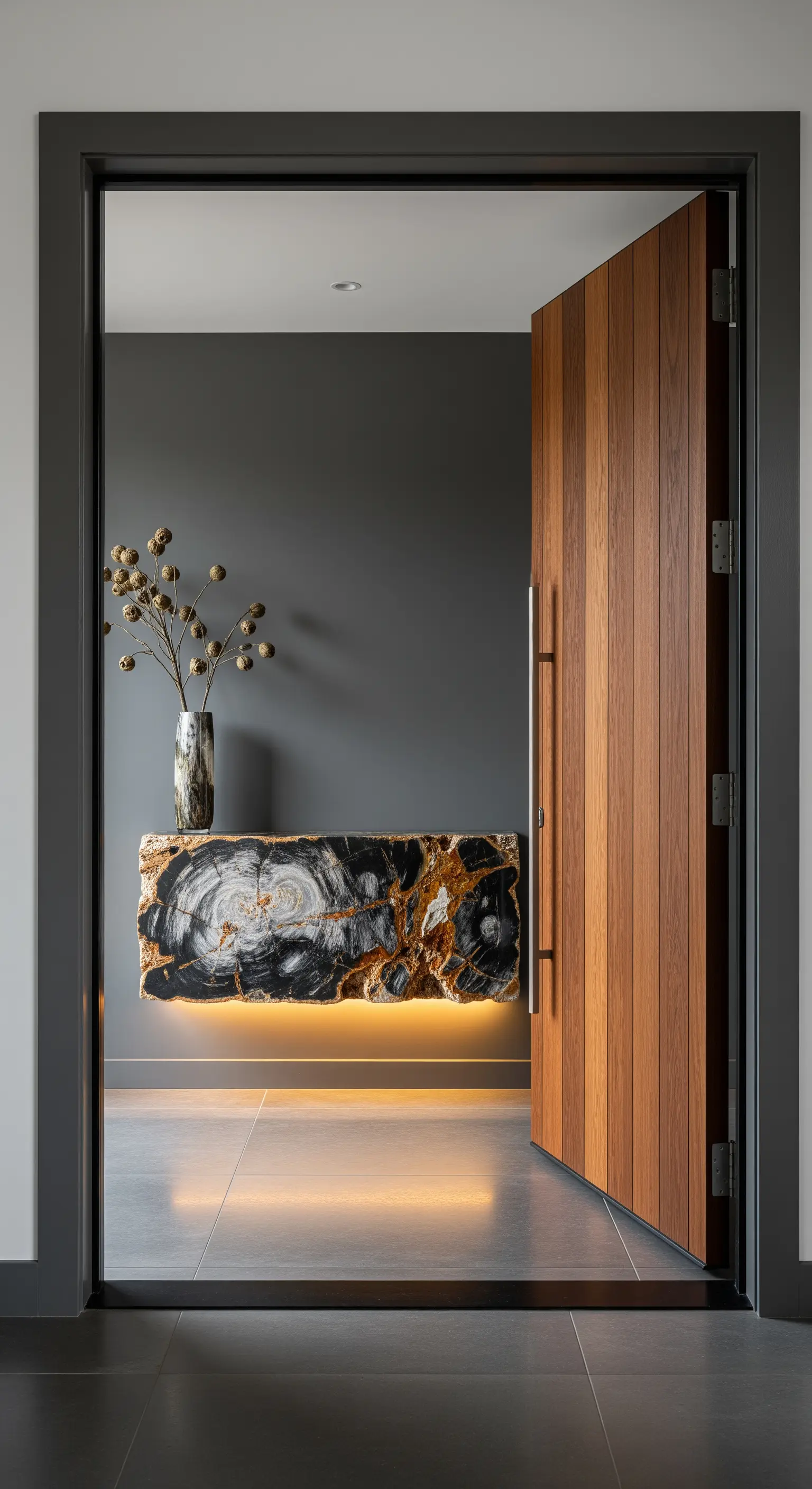 Consolle sospesa realizzata con una sezione di legno pietrificato, illuminata dal basso.