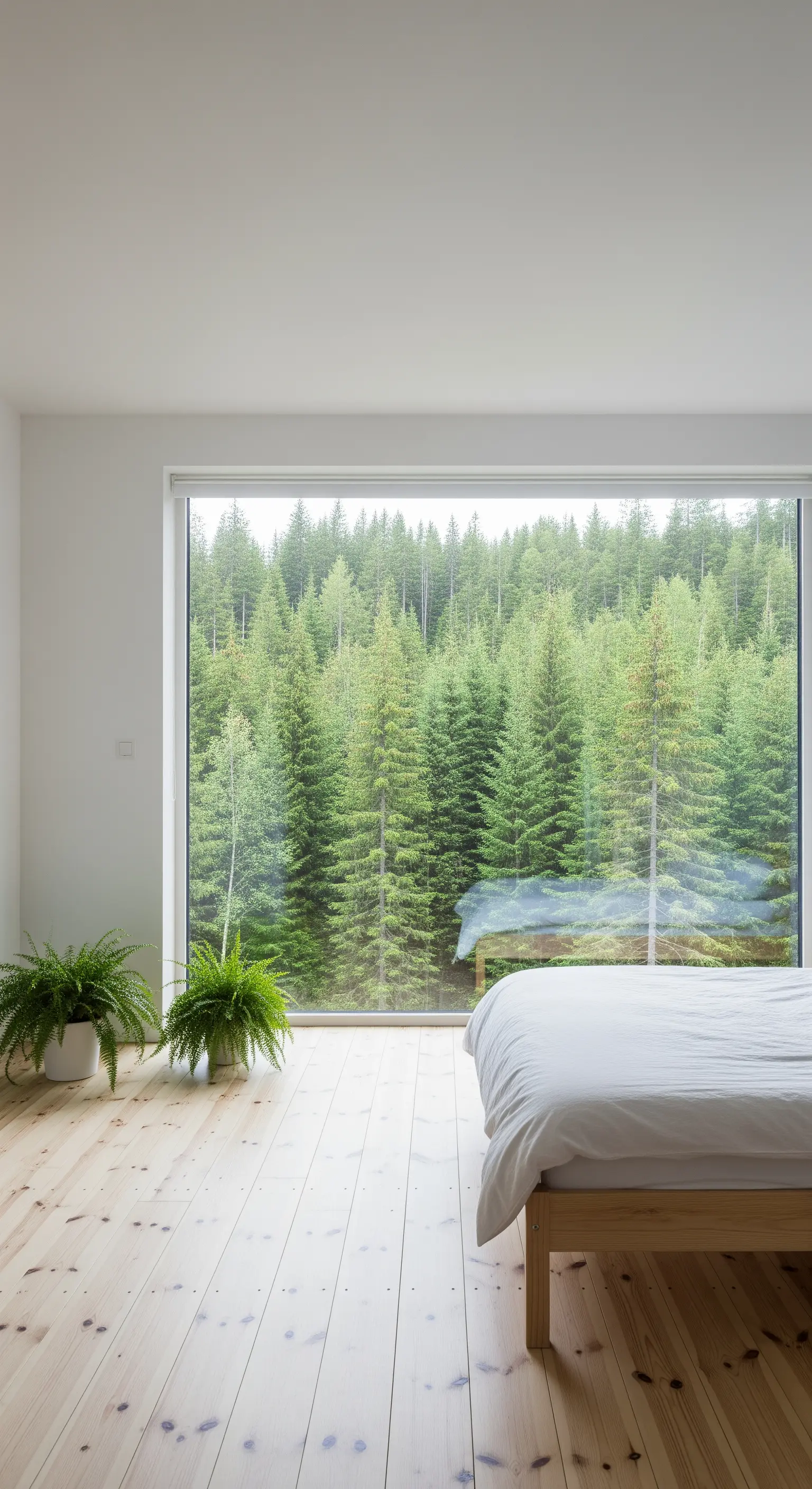 Ampia finestra con vista su una foresta in una camera da letto minimalista.