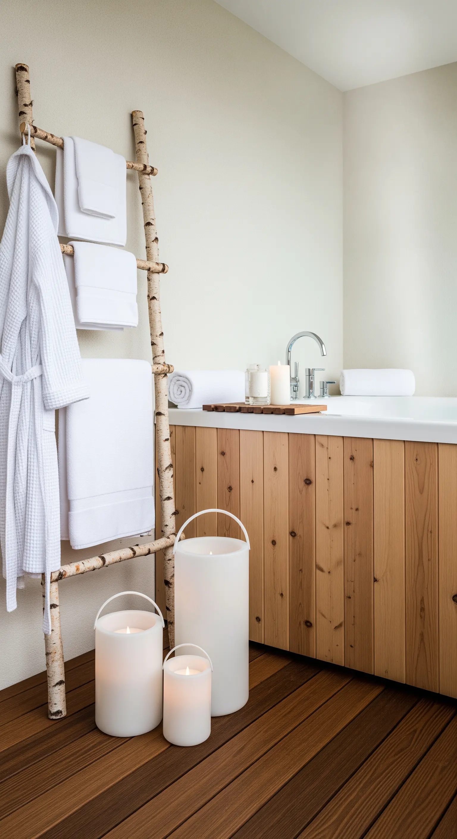 Bagno con vasca rivestita in legno e una scala di betulla usata come portasciugamani.