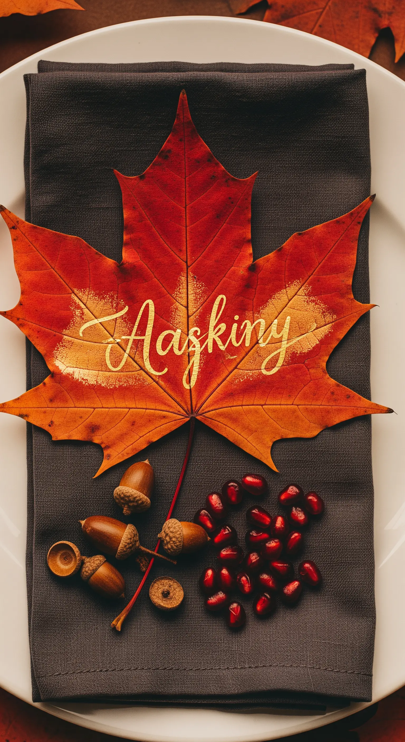 Segnaposto su una foglia d'acero autunnale con nome in calligrafia dorata.