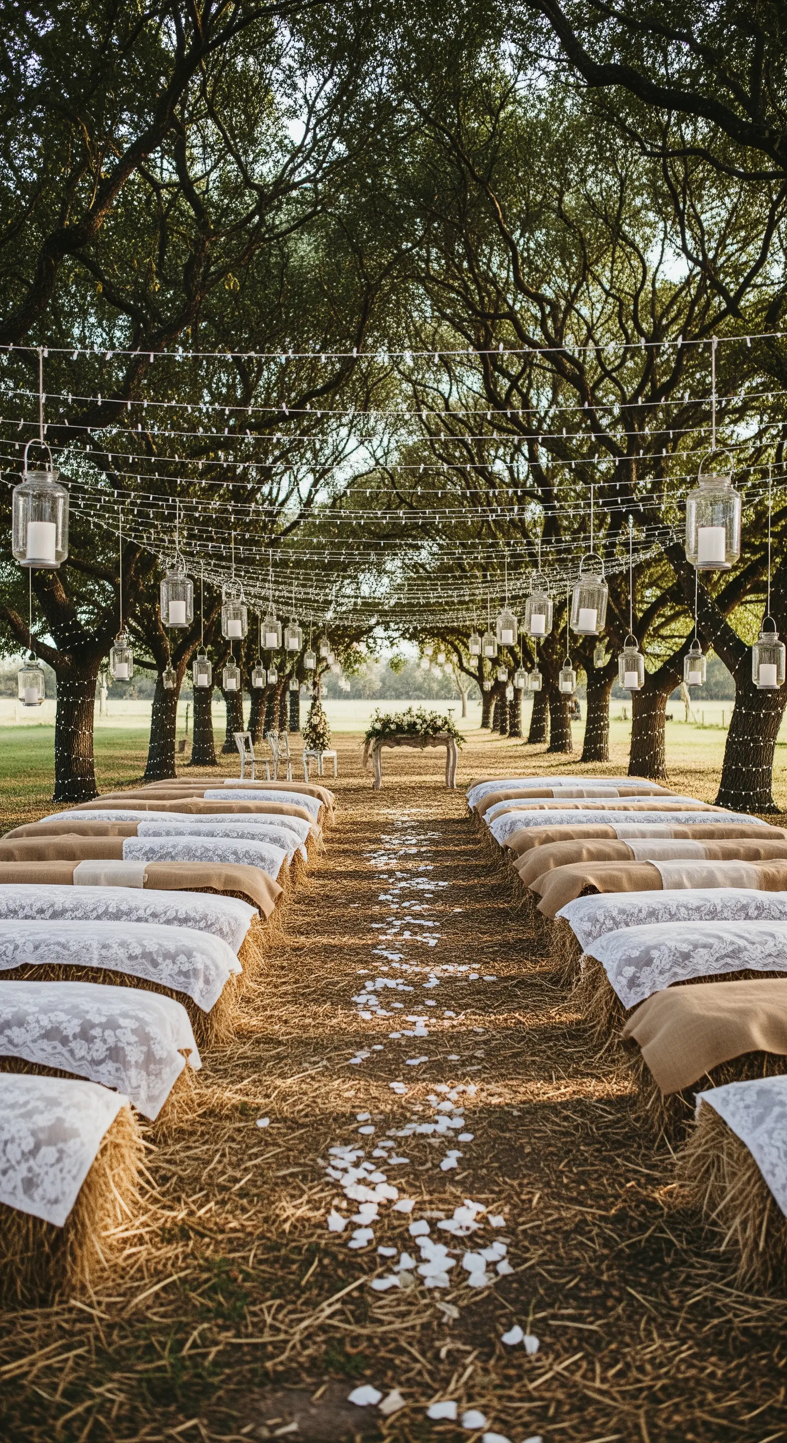 Navata per cerimonia all'aperto con balle di fieno coperte di iuta e pizzo come sedute.