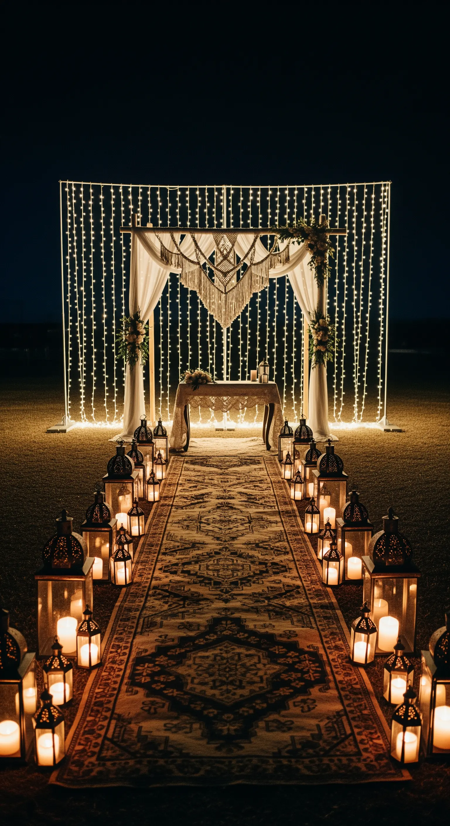 Altare nuziale con parete di luci e navata definita da un tappeto e decine di lanterne.