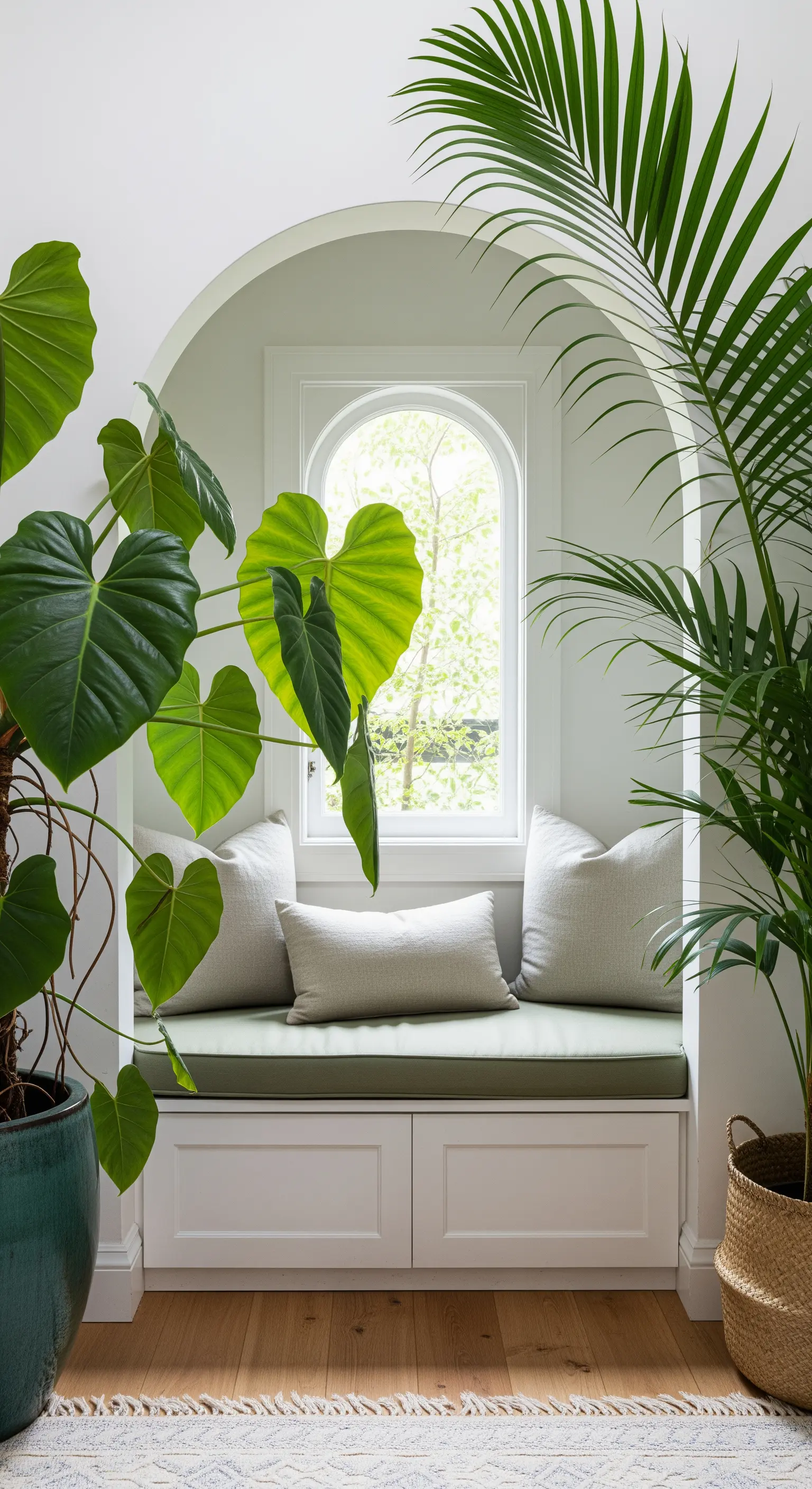 Panca verde in una nicchia ad arco, incorniciata da grandi piante tropicali.