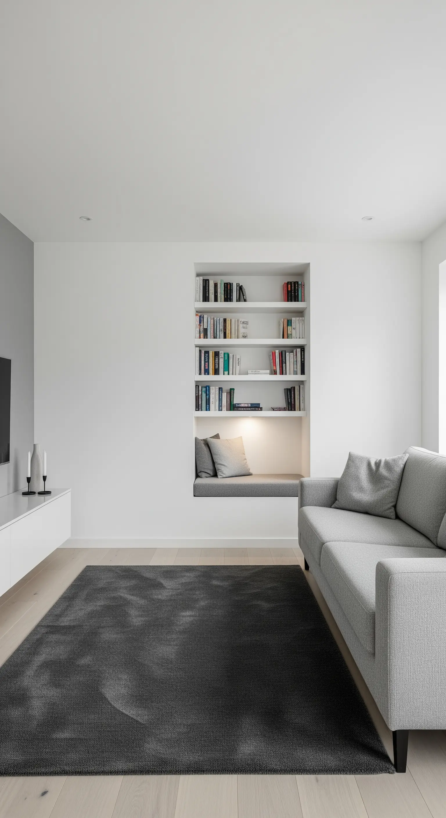 Soggiorno minimalista con libreria a nicchia bianca e angolo lettura integrato.
