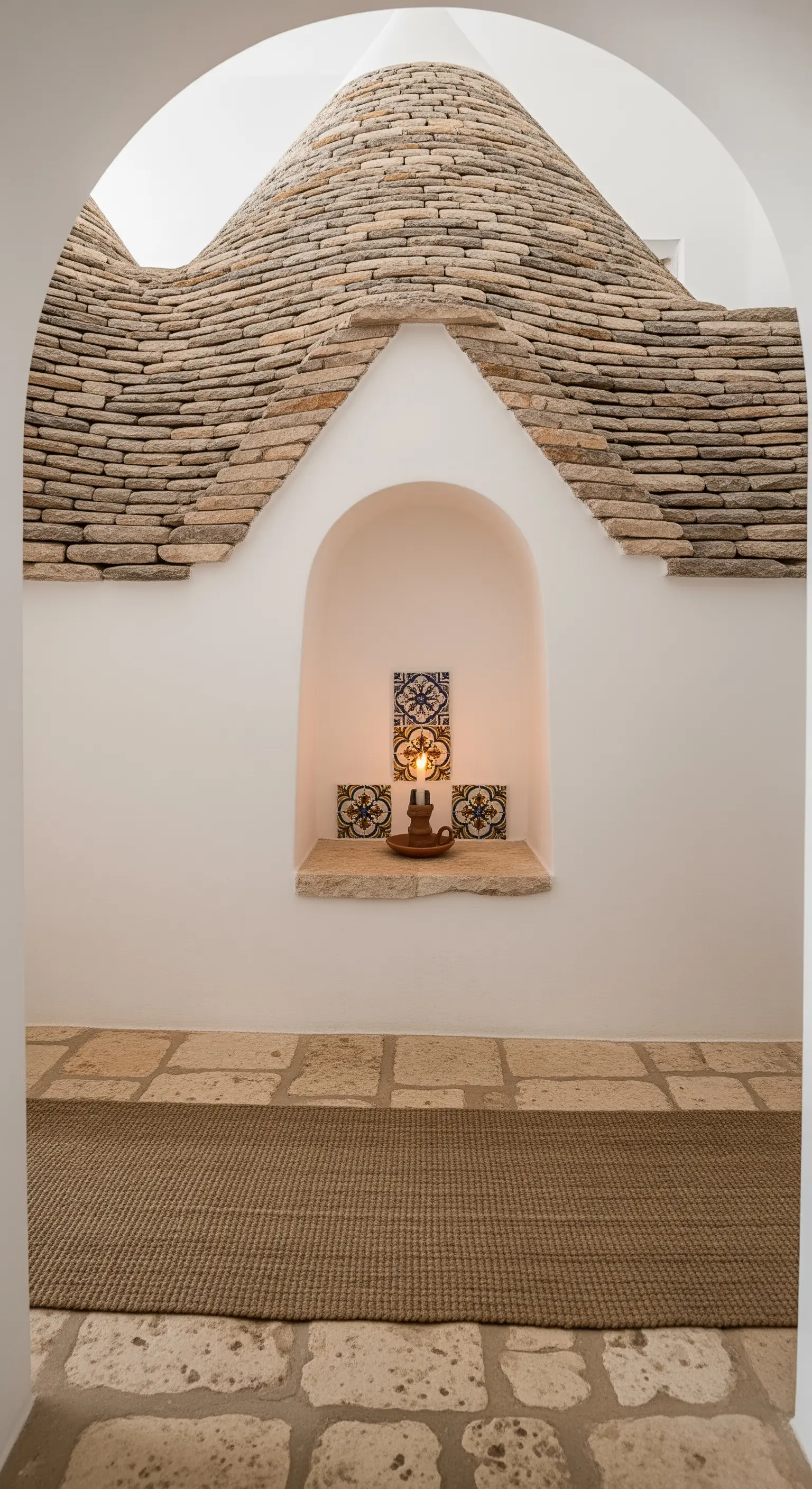 Nicchia in una parete bianca con fondo in maiolica, illuminata da una piccola lampada calda.