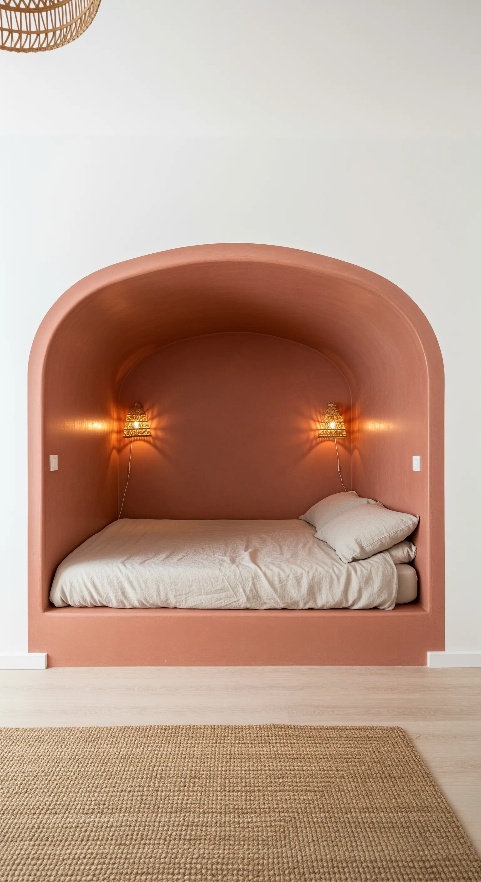 Letto inserito in una nicchia ad arco interamente rivestita di resina color terracotta.