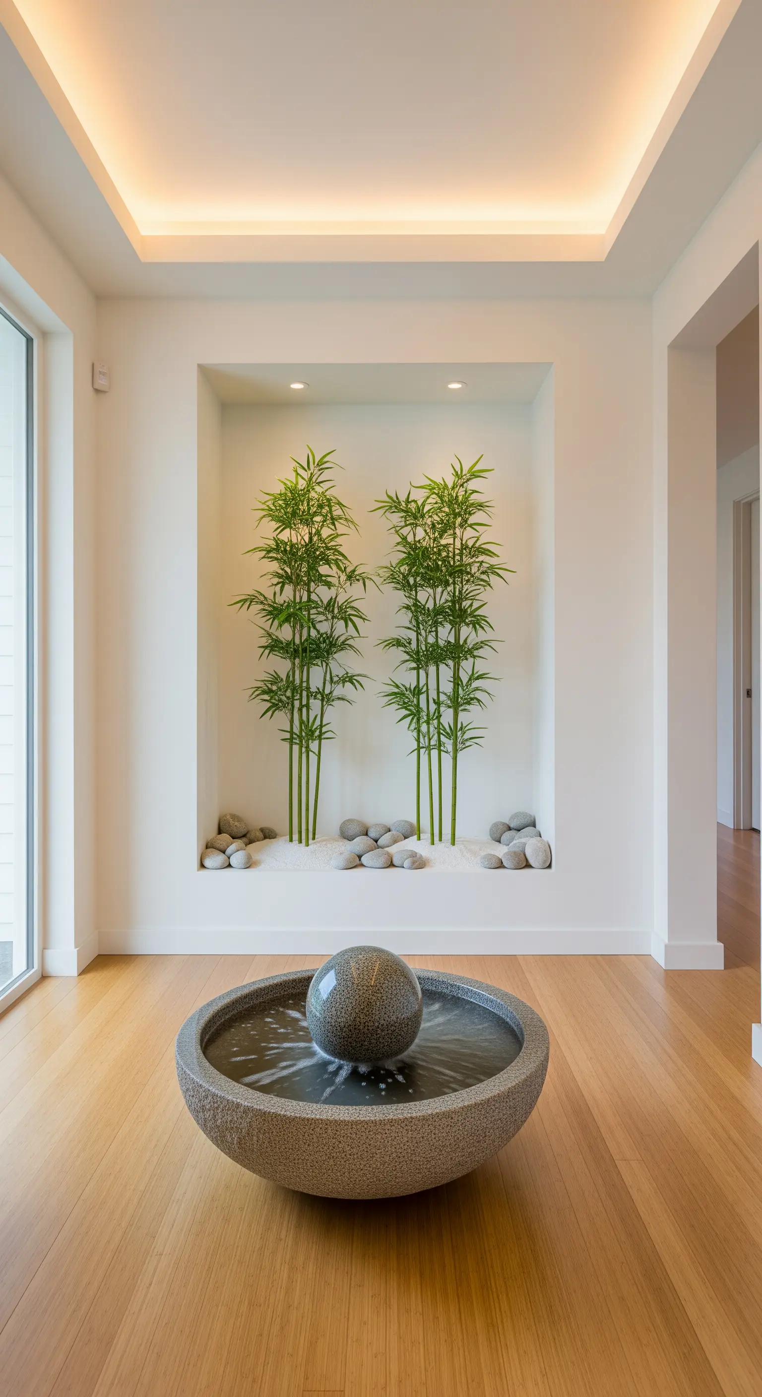 Nicchia a muro con piante di bambù, ciottoli e una fontana sferica su parquet di legno.