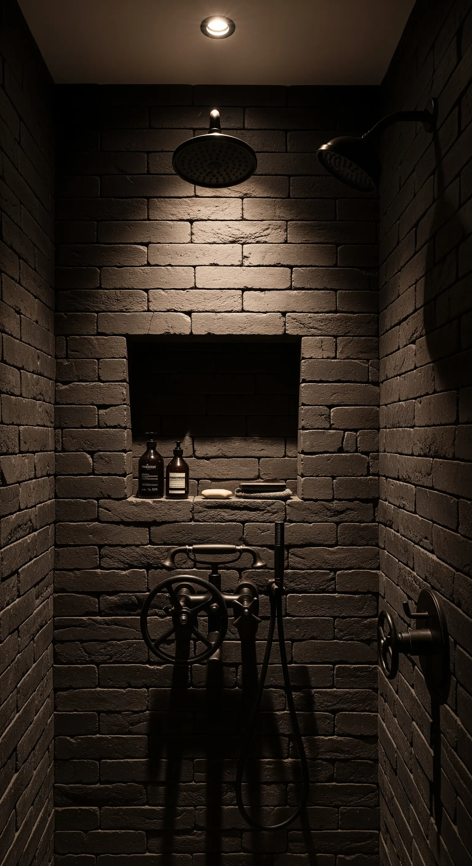 Doccia in mattoni scuri con nicchia incassata e rubinetteria a manopola.