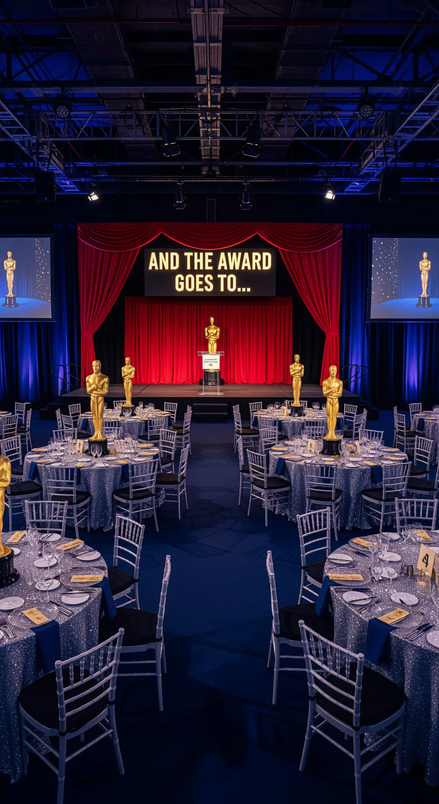 Sala allestita per una premiazione Oscar con palco e statuette sui tavoli.