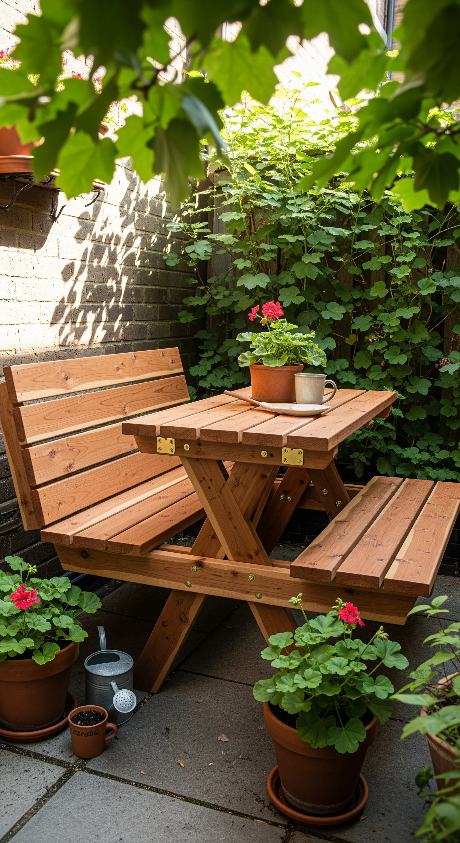 Panca in legno di cedro che si trasforma in un tavolo da picnic per due persone in un piccolo patio.