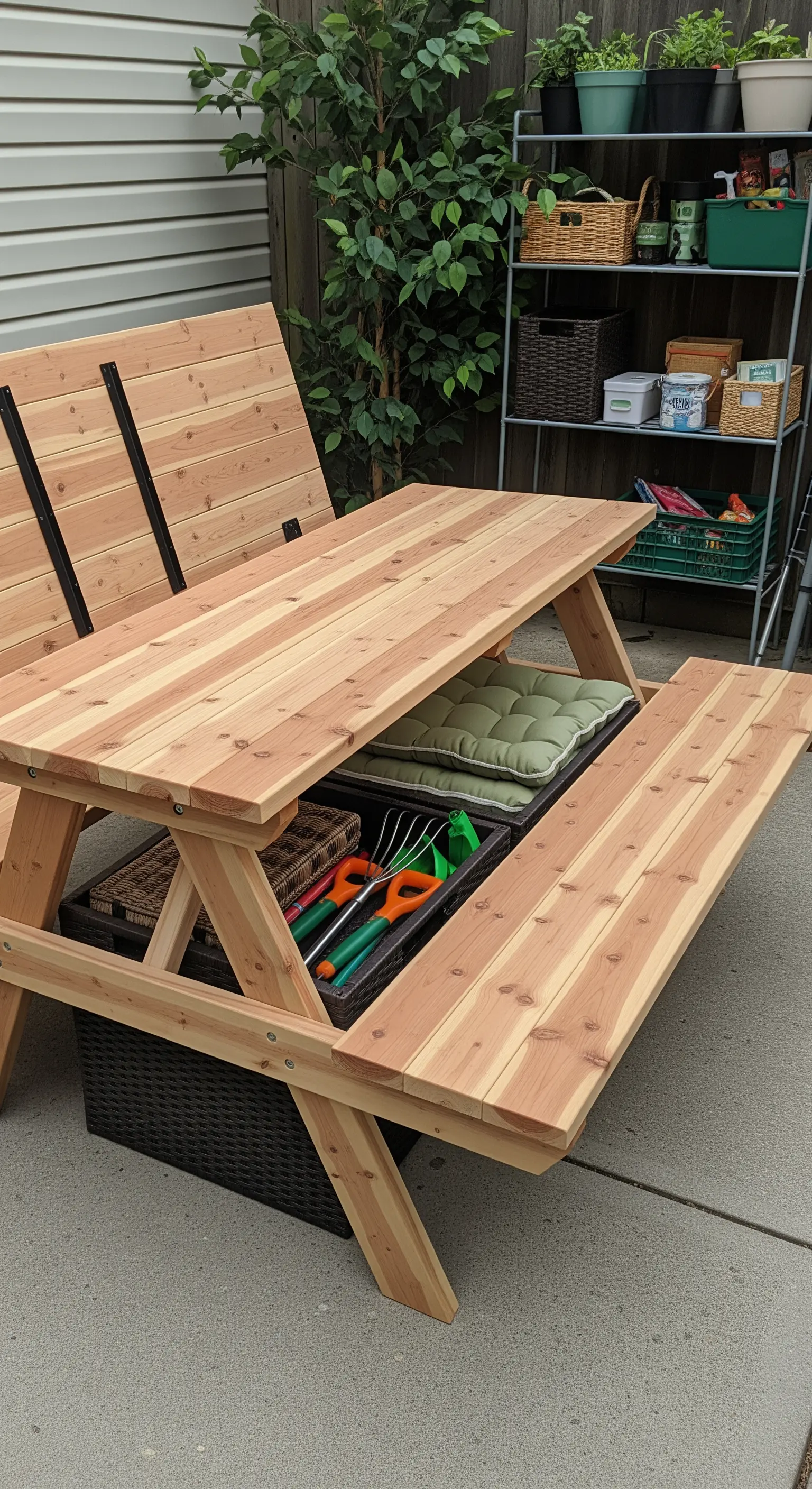 Tavolo da picnic in legno con contenitori per attrezzi da giardinaggio sotto le panche.