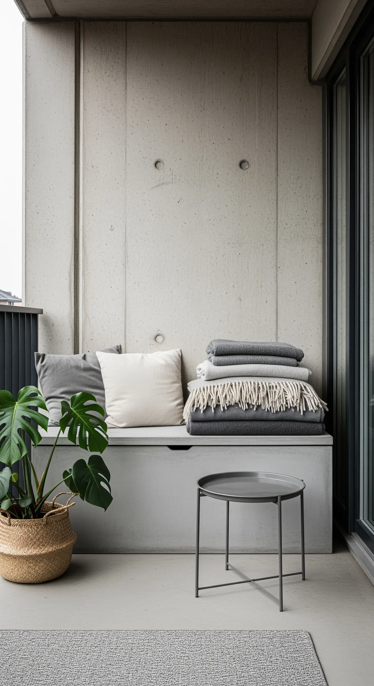 Panca in cemento con cuscini e coperte grigie su un balcone moderno e minimale.