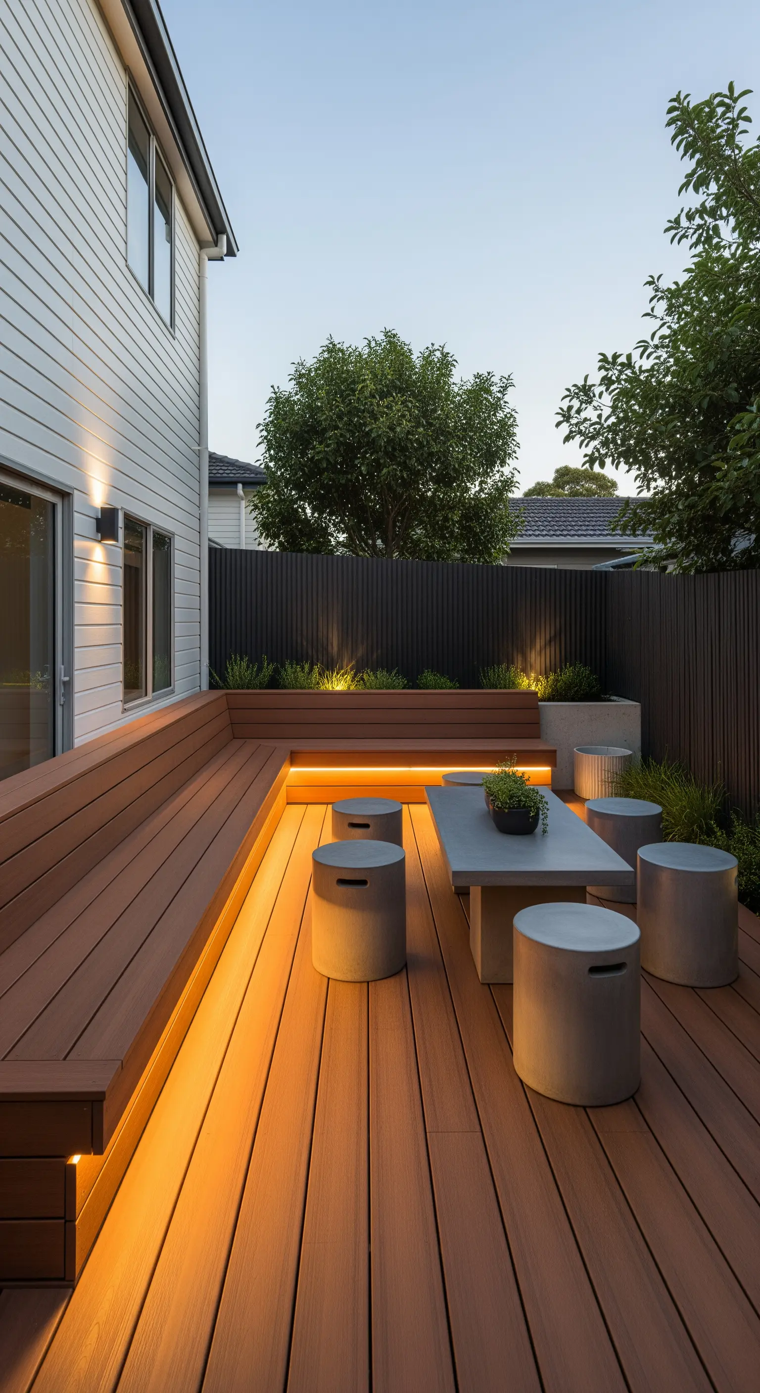 Patio con panca in legno composito integrata e illuminata, con sgabelli in cemento.