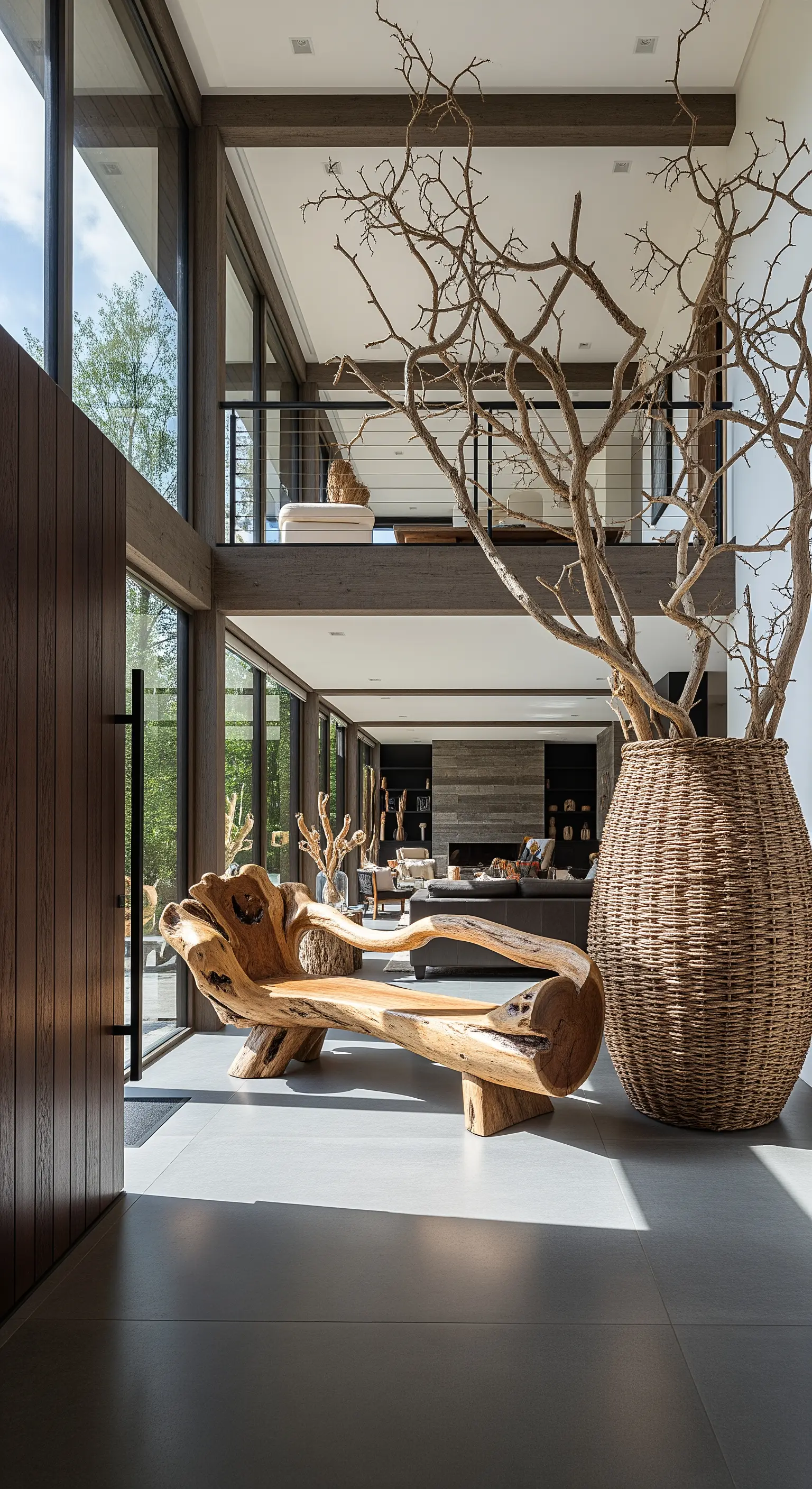 Panca scultorea ricavata da una radice d'albero in un ingresso moderno e a doppia altezza.