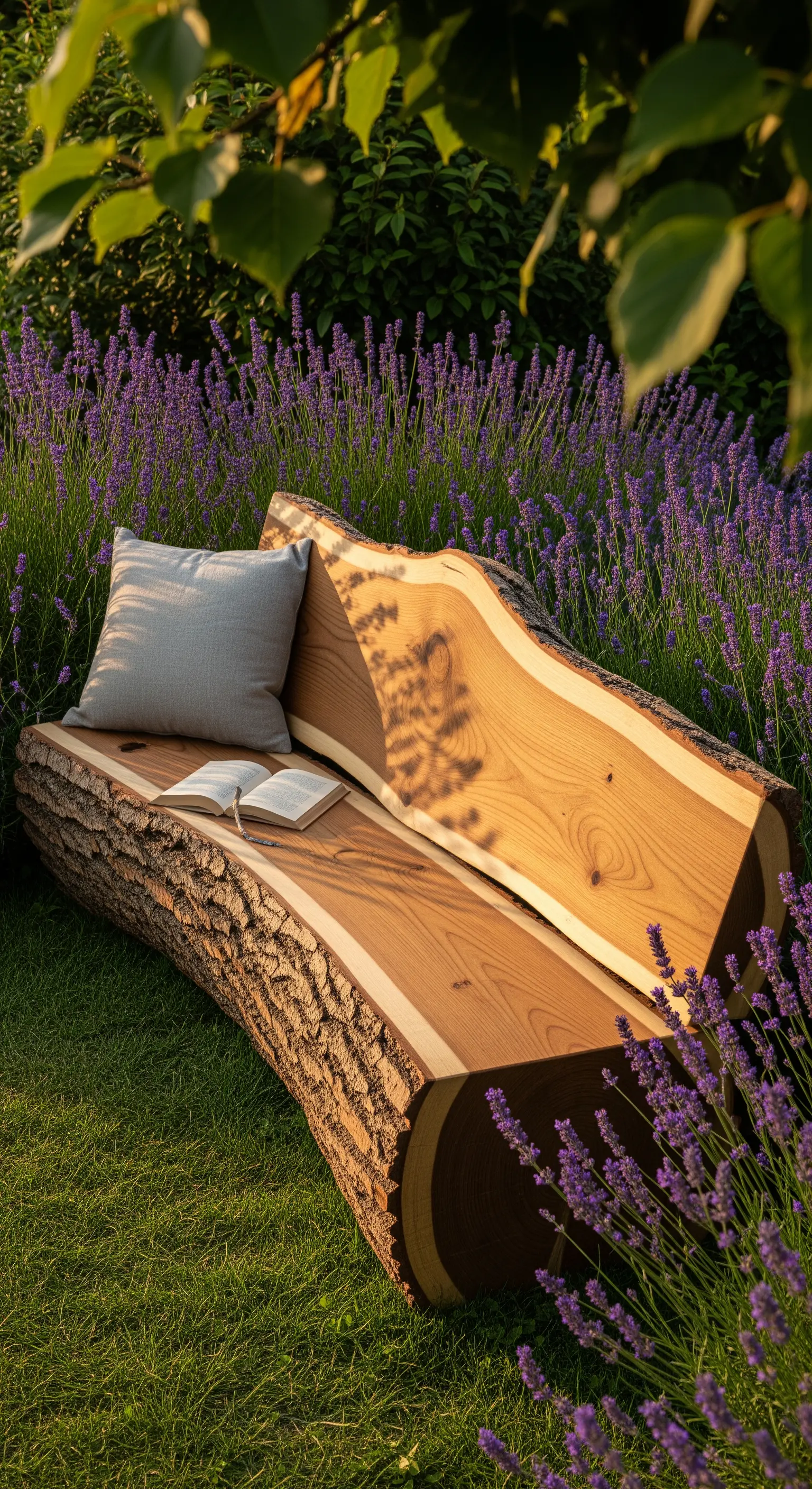 Panca scultorea ricavata da un unico tronco di legno, circondata da fiori di lavanda.