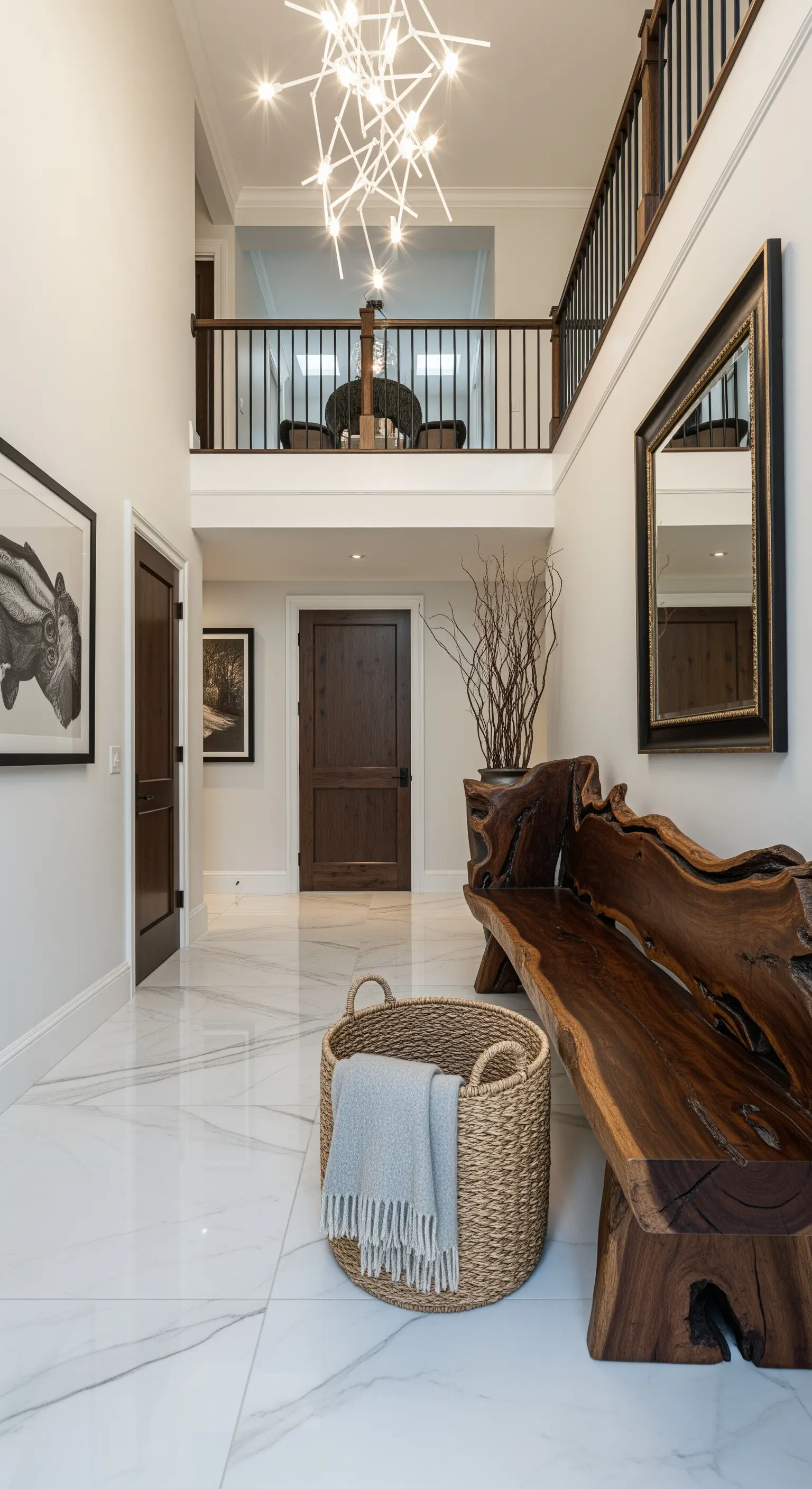 Panca scultorea in legno massiccio su un pavimento in marmo bianco in un ingresso a doppia altezza.