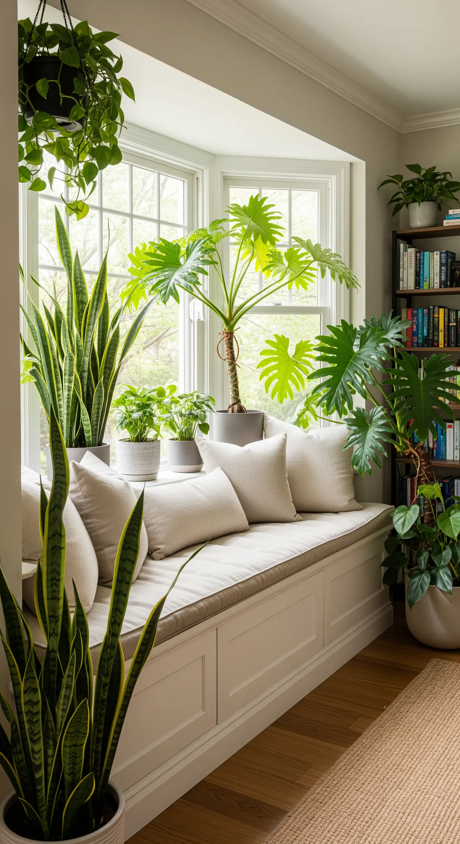 Panca imbottita sotto una finestra a golfo, circondata da numerose piante da interno.