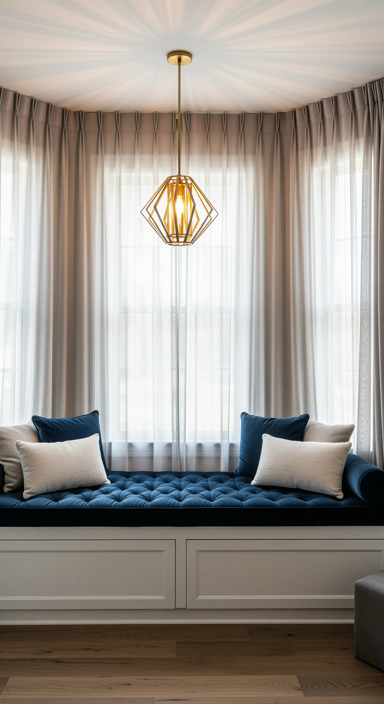 Panca sottofinestra con cuscino capitonné in velluto blu e lampada a sospensione dorata.