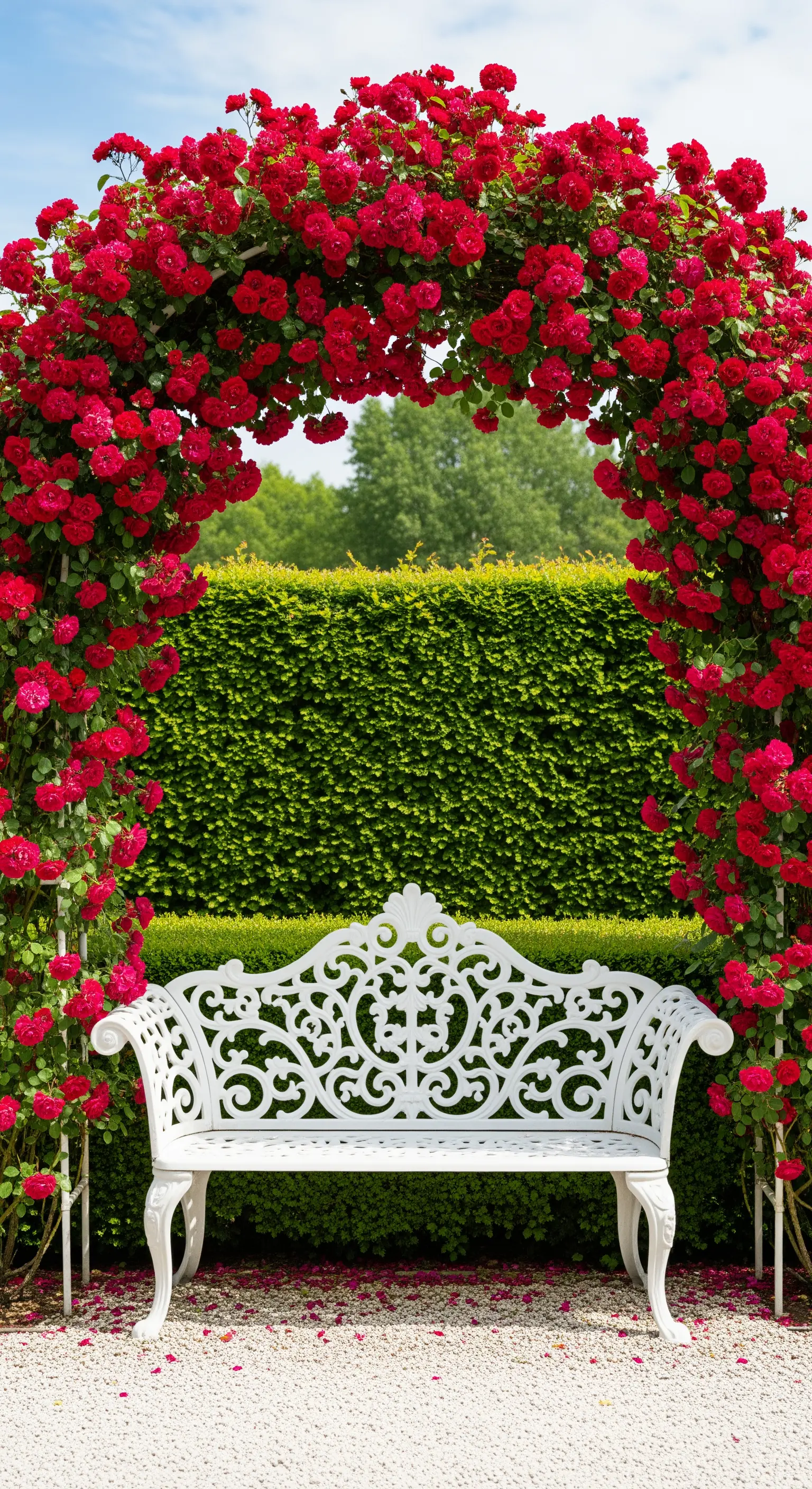 Panchina bianca ornamentale incorniciata da un arco fitto di rose rosse, su un letto di ghiaia.