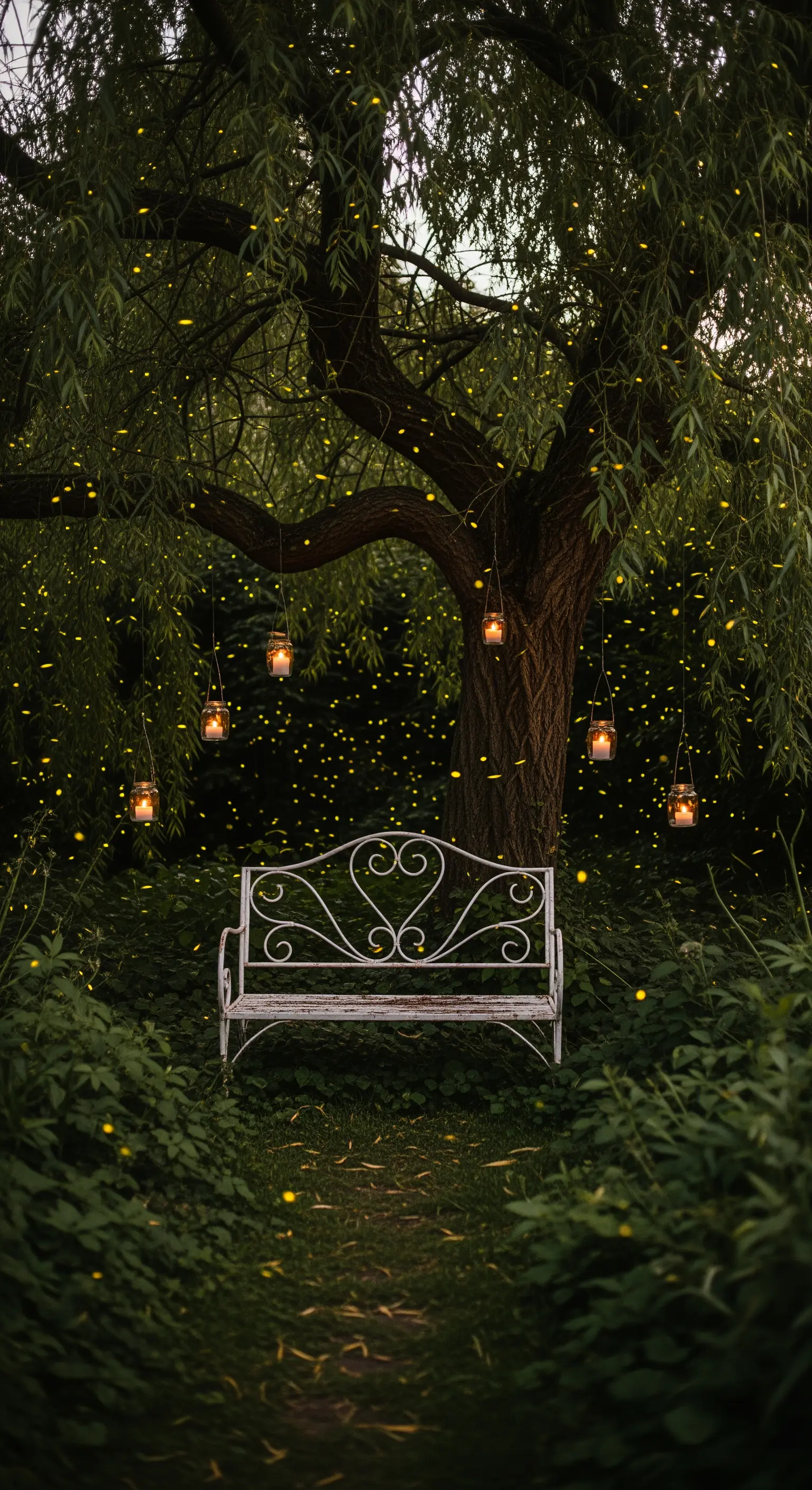 Panchina bianca in ferro battuto in un bosco, illuminata da lanterne sospese e lucciole.