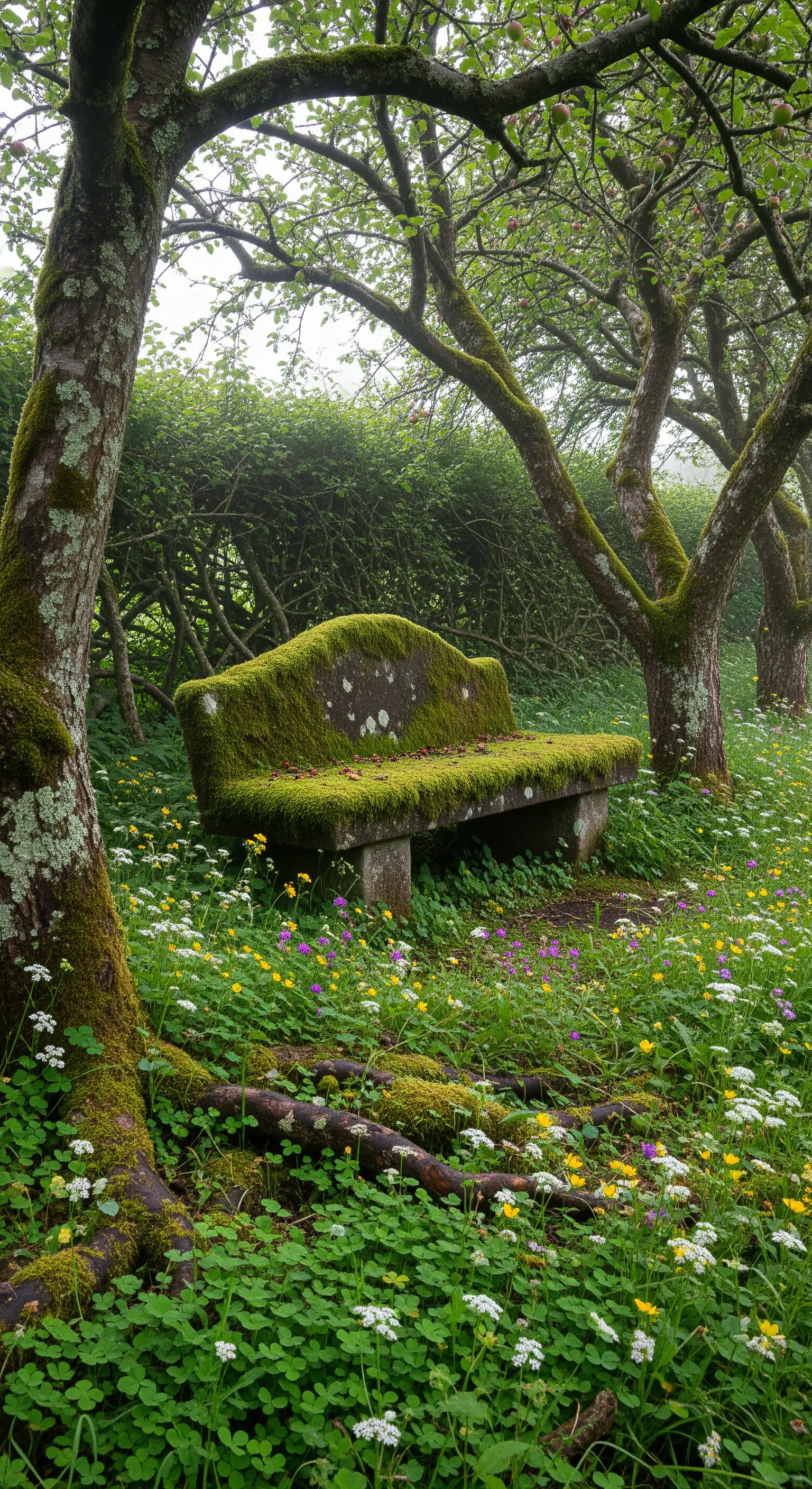 Vecchia panca in pietra coperta di muschio in un prato fiorito, circondata da alberi antichi.
