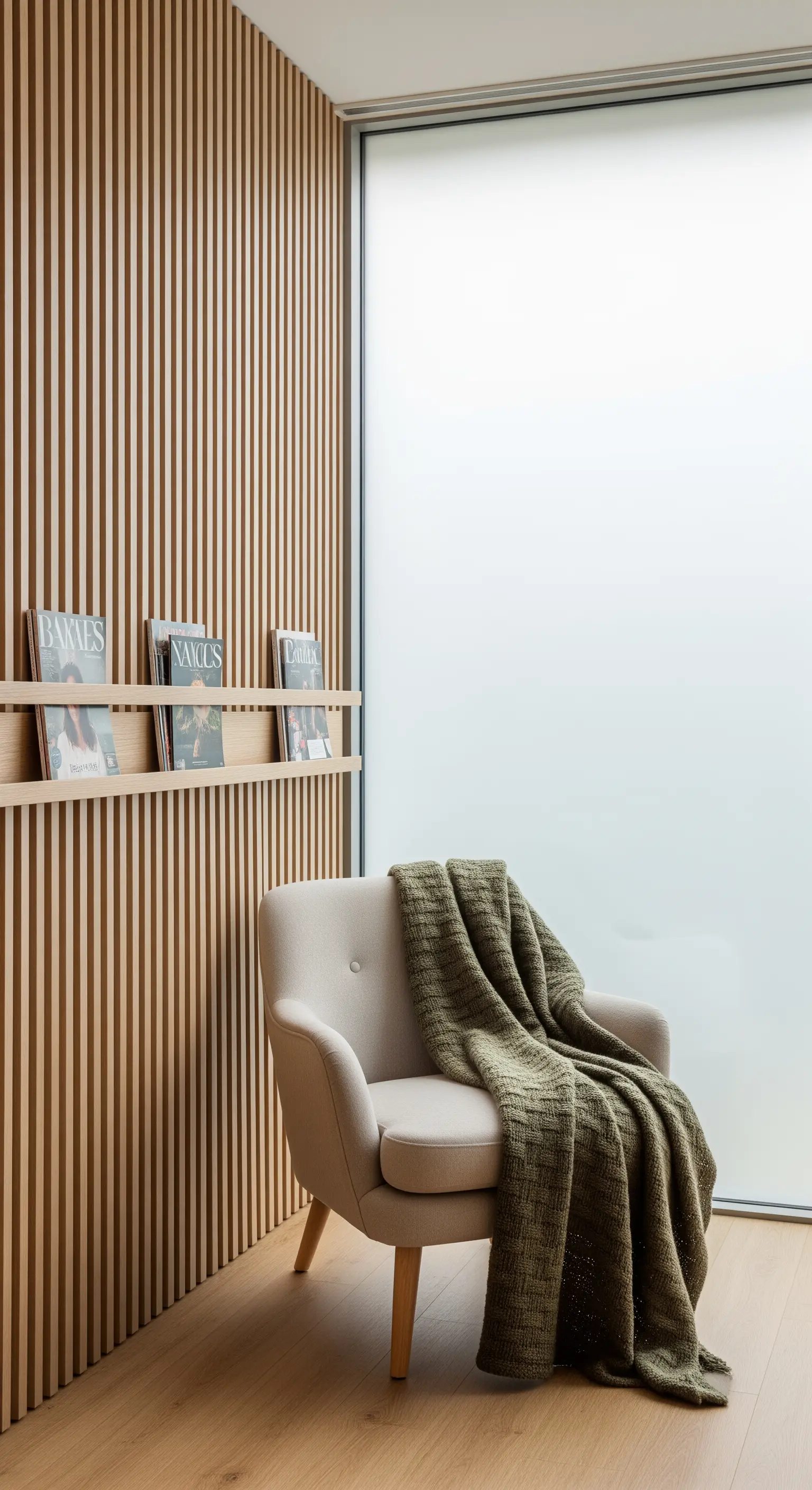 Poltrona color crema davanti a una parete con listelli verticali in legno e una mensola per riviste.
