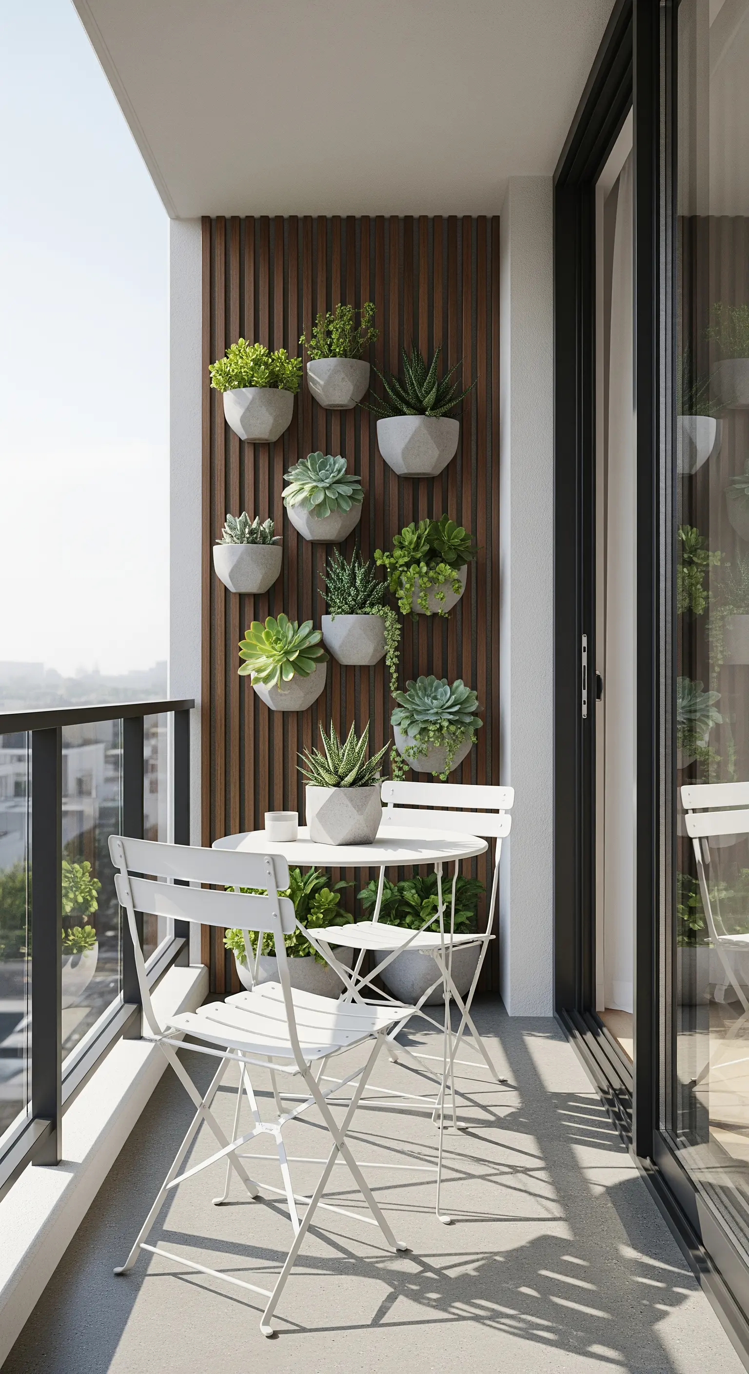Balcone con parete a listelli di legno e vasi di piante grasse sospesi, tavolo e sedie bianche.