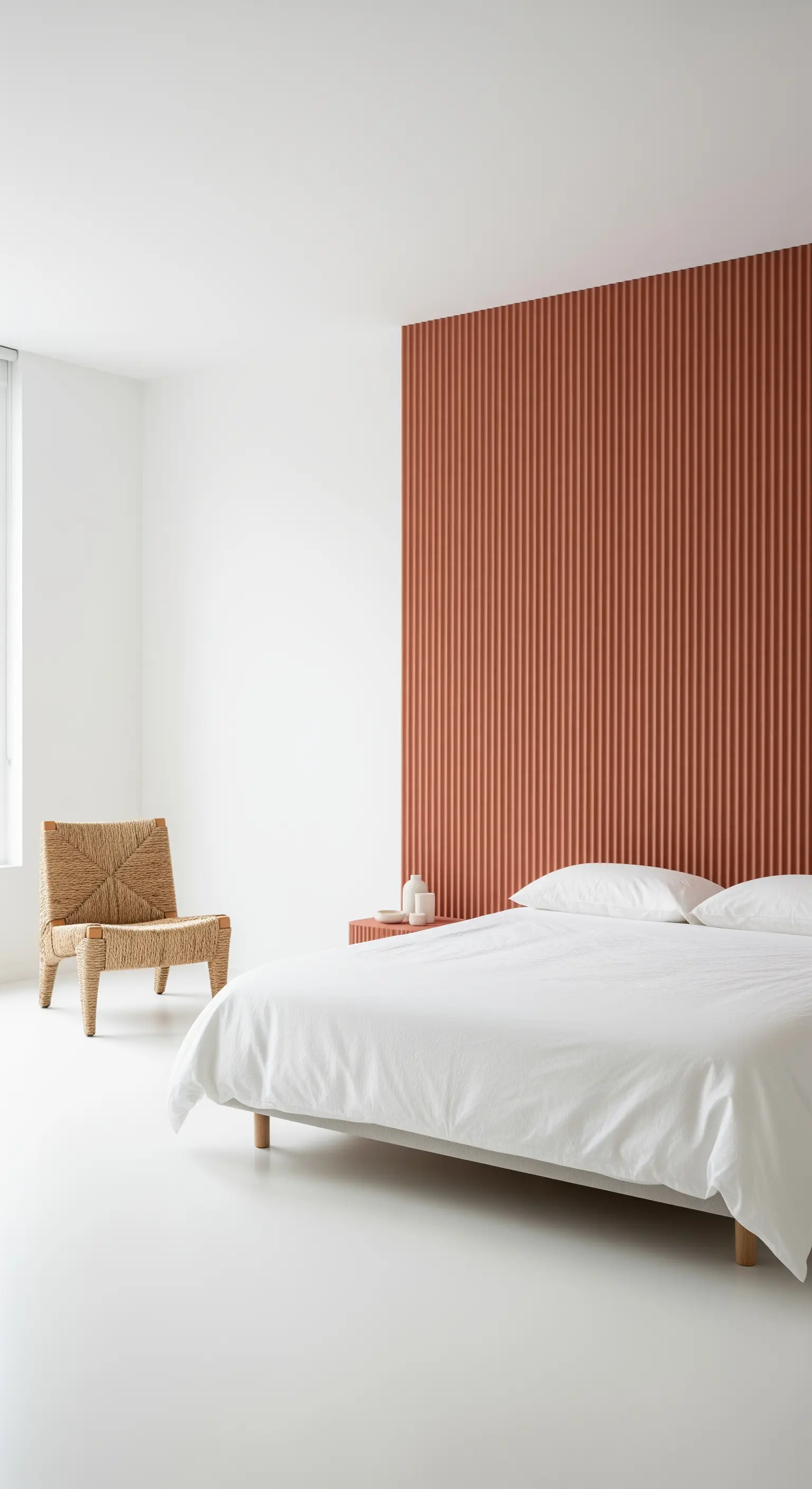 Camera minimalista con una parete d'accento in legno cannettato color terracotta dietro al letto.