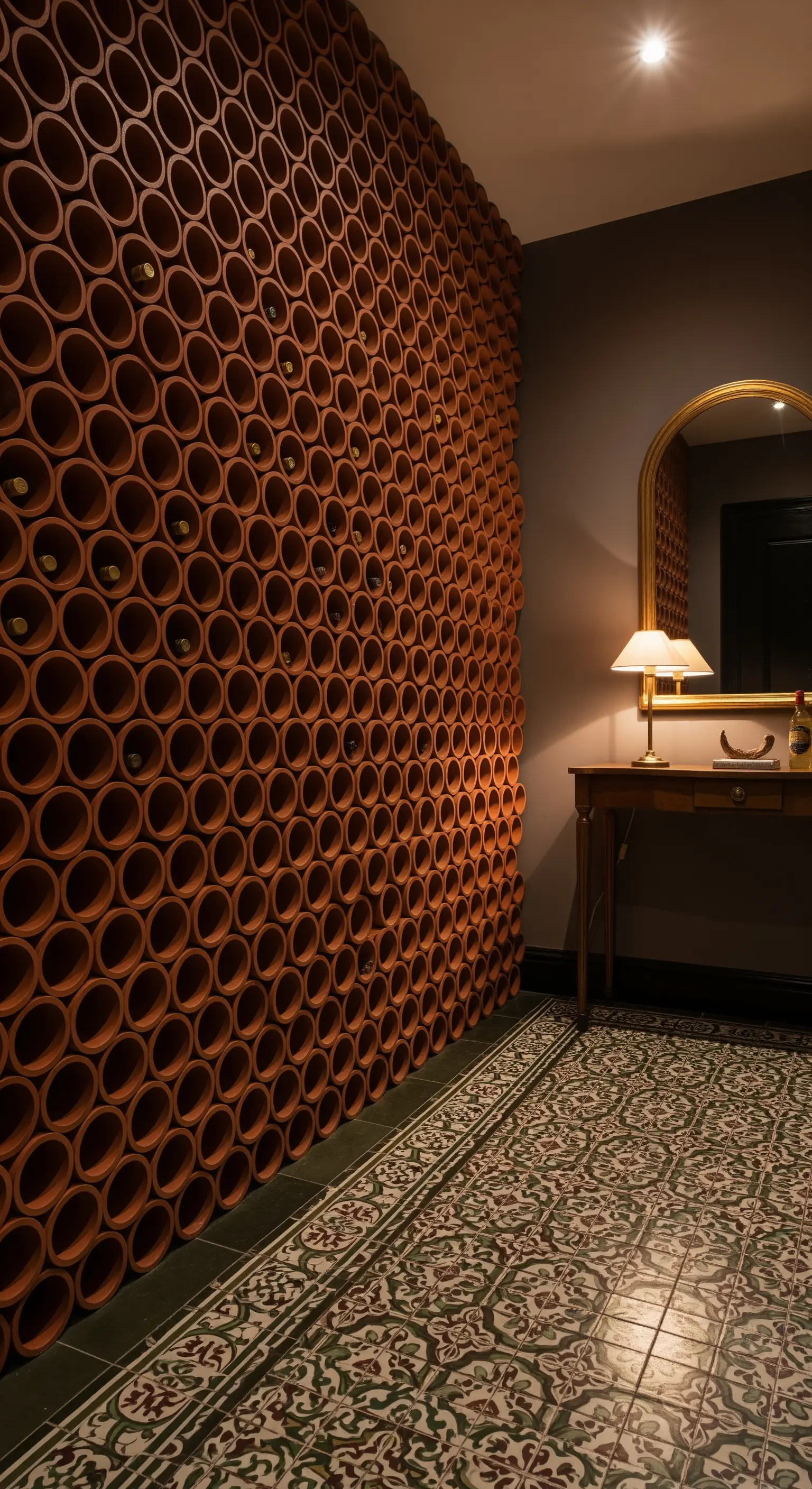 Parete attrezzata con moduli cilindrici in terracotta per bottiglie di vino in un ingresso elegante.