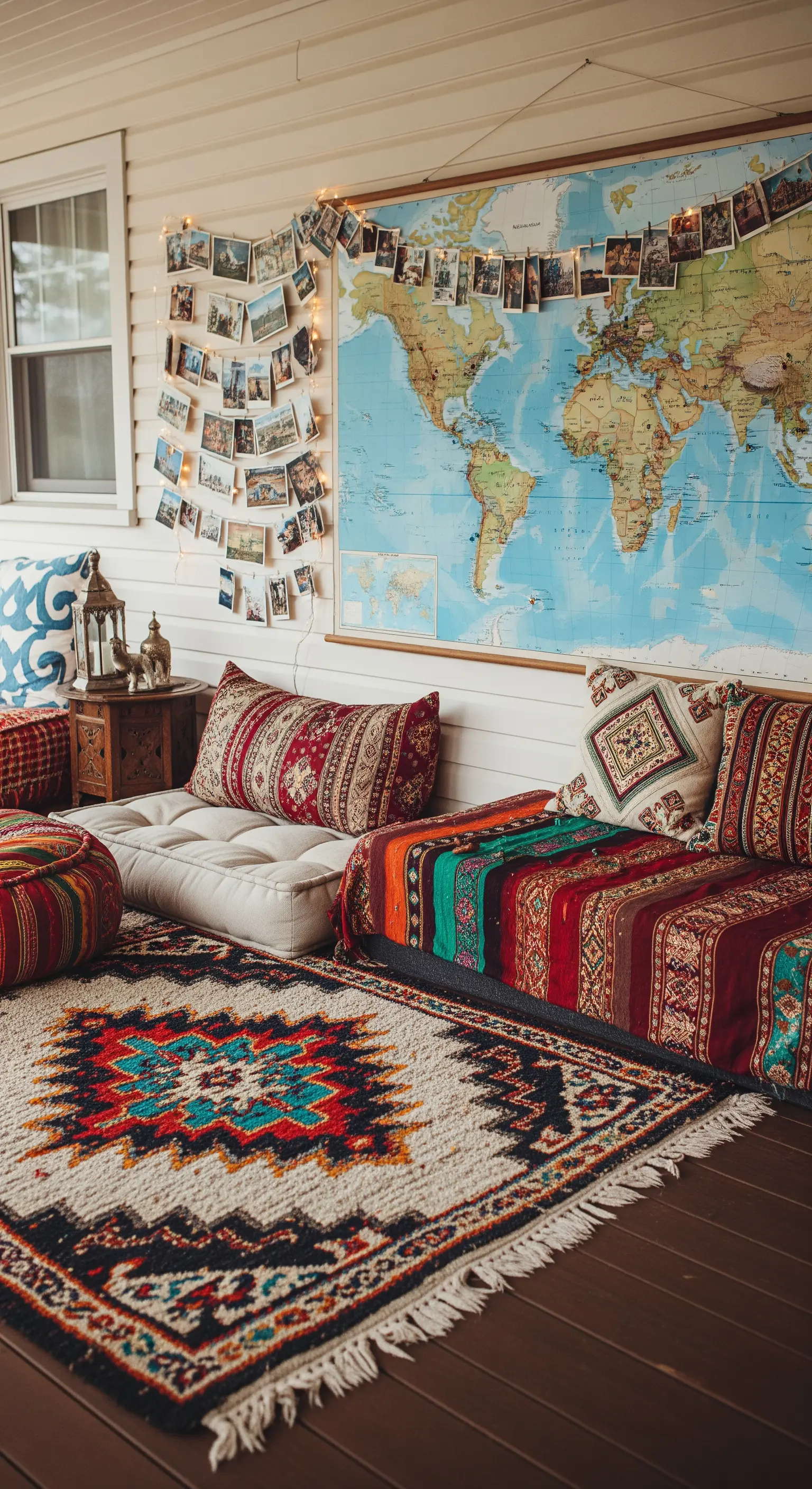 Angolo bohémien con cuscini a terra, mappa del mondo e ghirlanda di foto di viaggio.