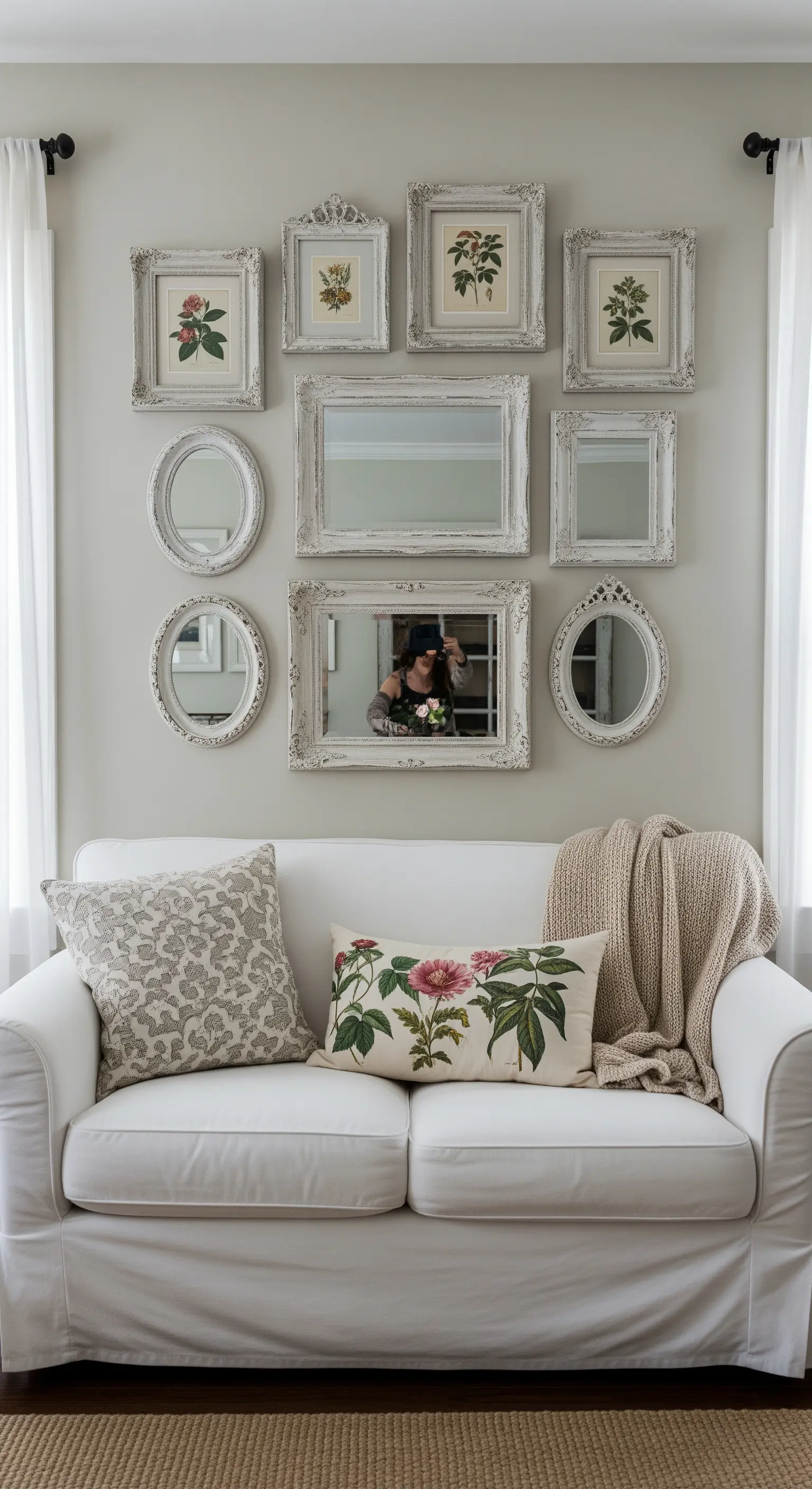 Parete galleria con cornici bianche, specchi e stampe botaniche sopra un divano.