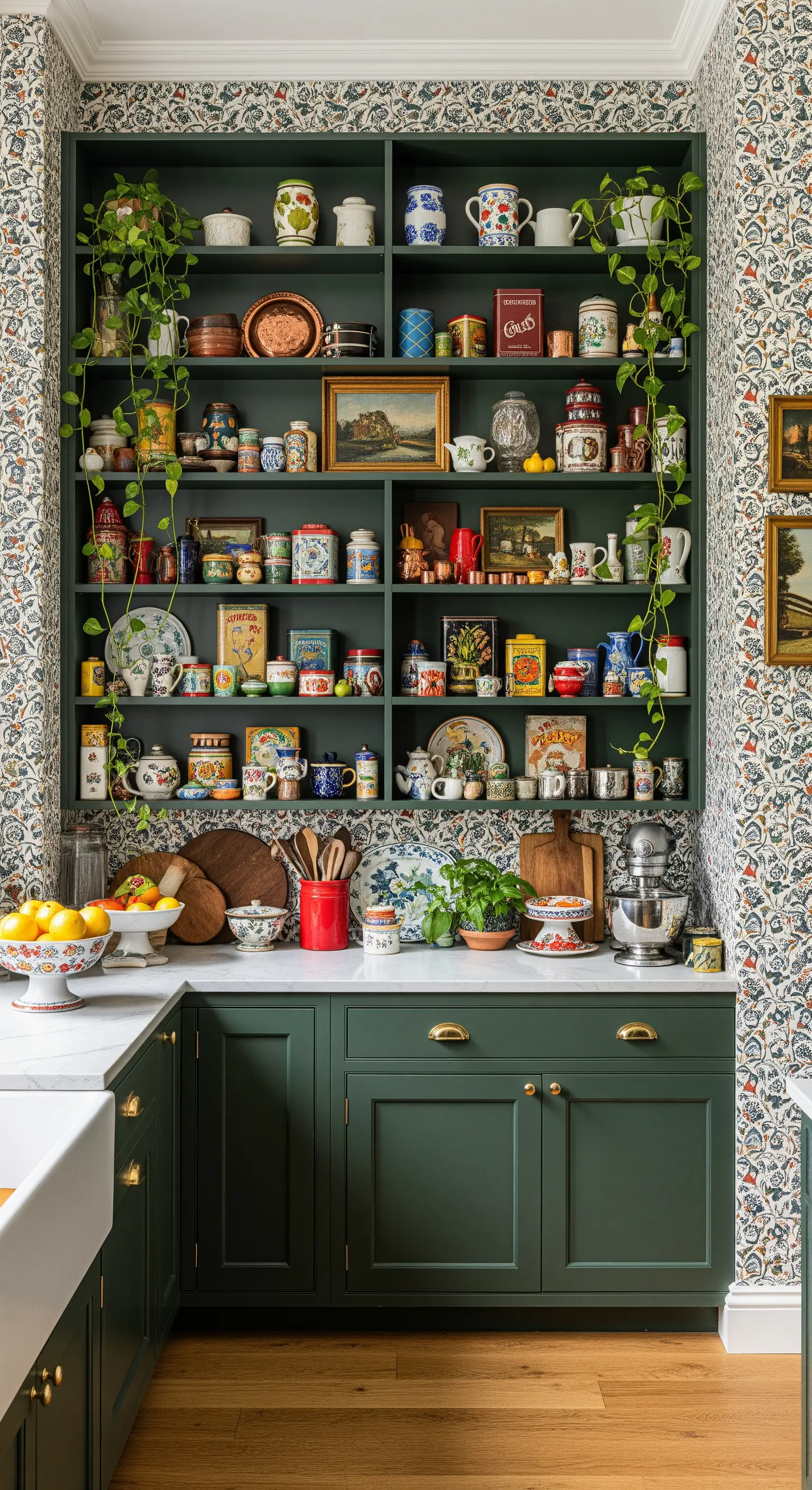 Libreria verde scuro su una parete con carta da parati a motivi botanici.