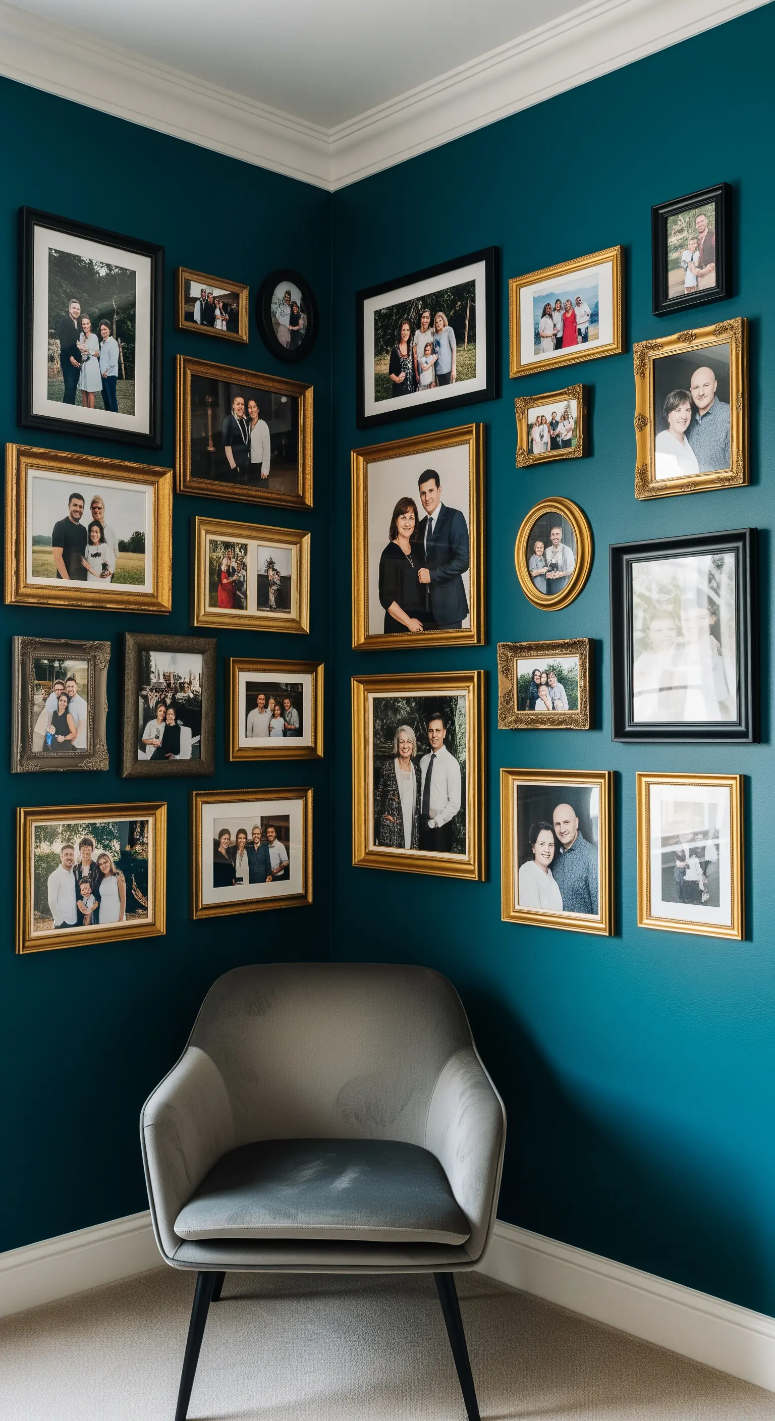 Gallery wall su una parete blu scuro con foto di famiglia in cornici dorate e nere di varie dimensioni.