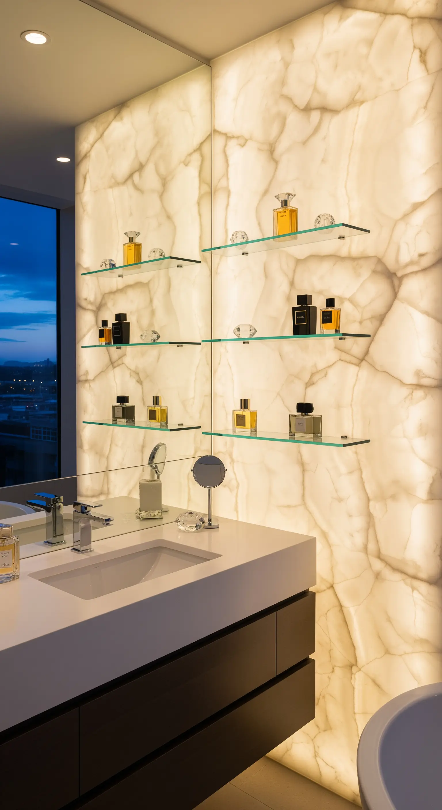 Mensole in vetro su una parete retroilluminata in onice, con boccette di profumo esposte.