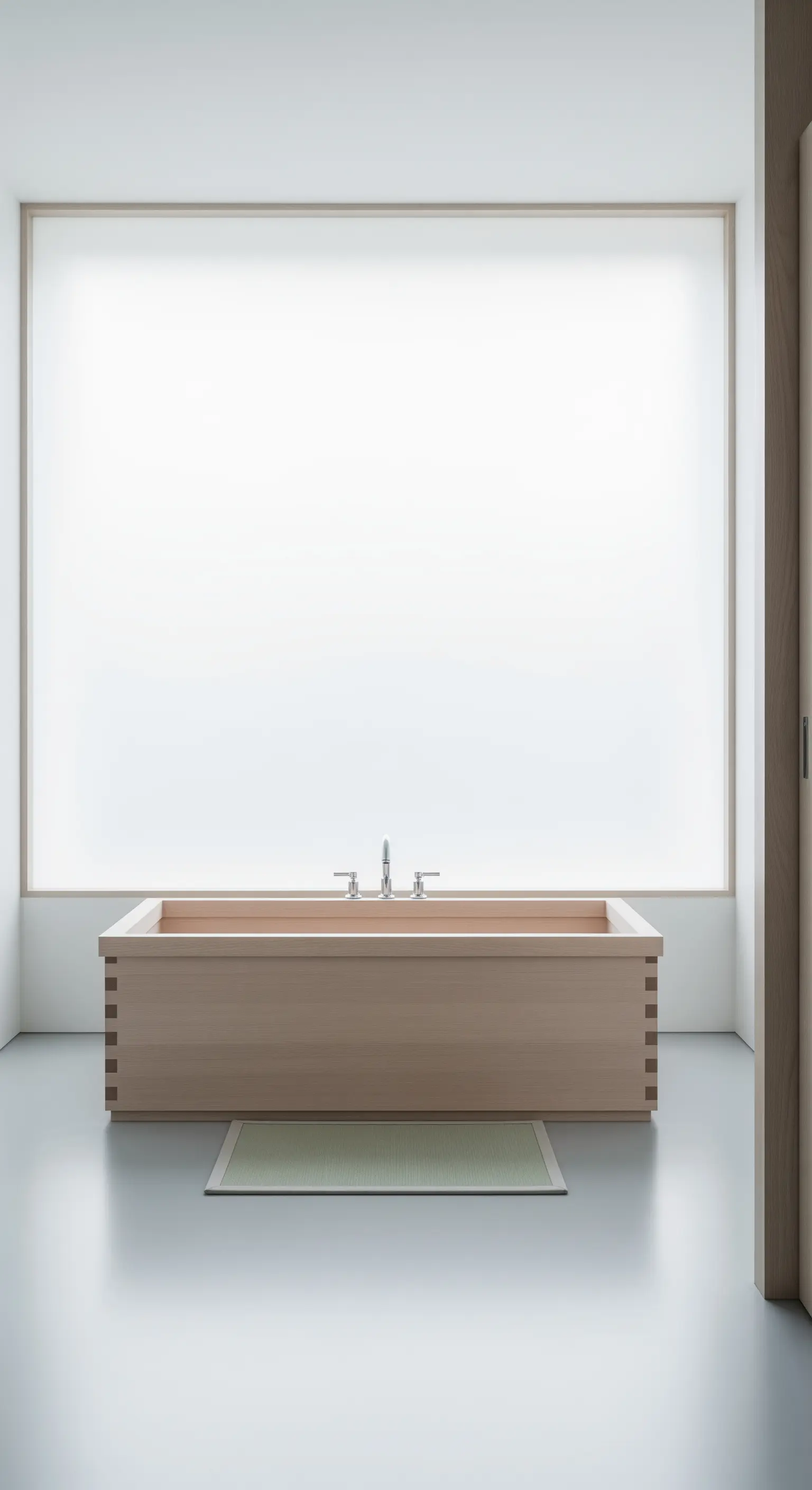 Bagno ultra-minimalista con vasca in legno chiaro e un'intera parete in vetro satinato.