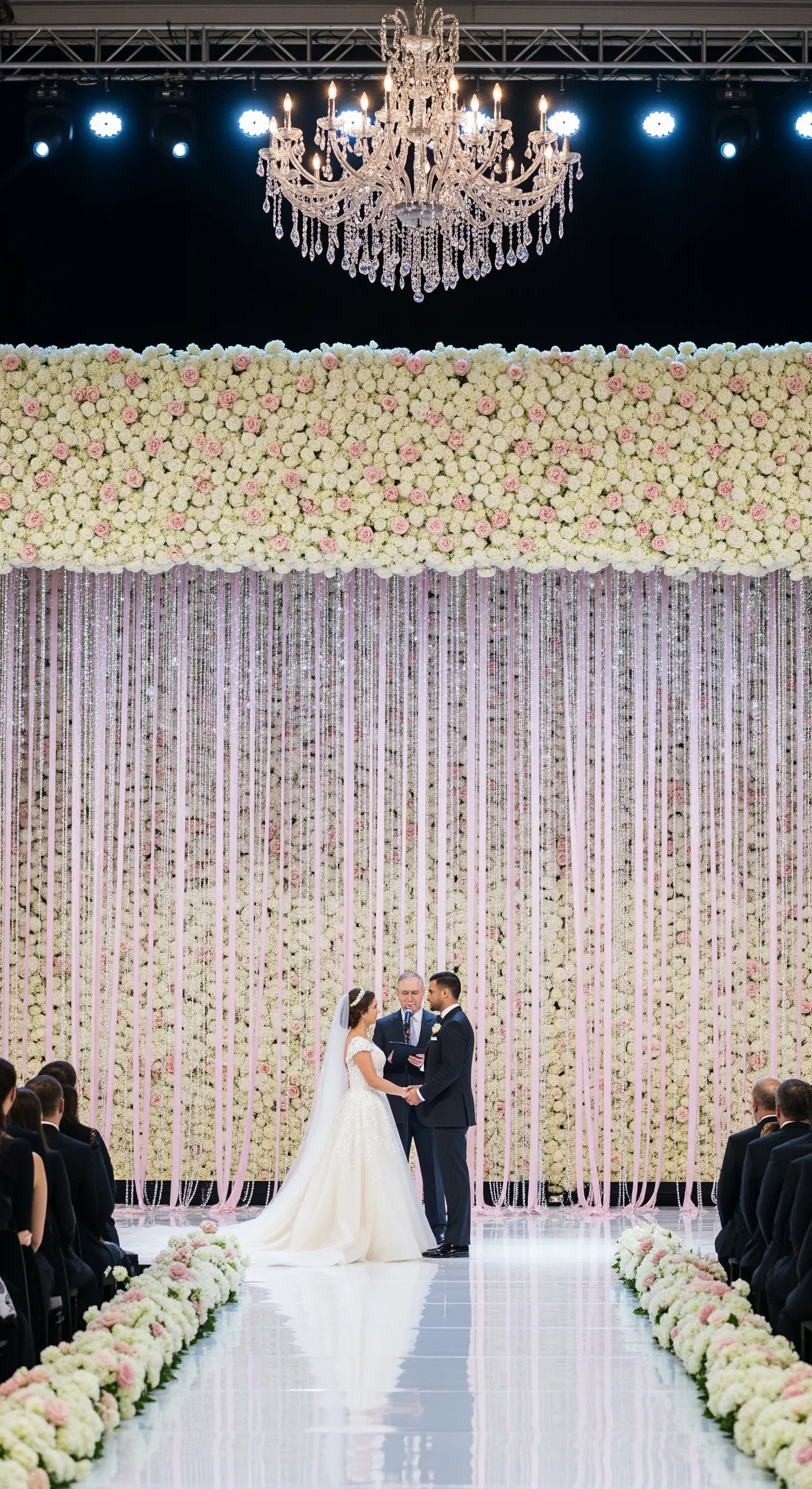 Altare nuziale con una parete di rose, una cortina di cristalli e un chandelier sospeso.
