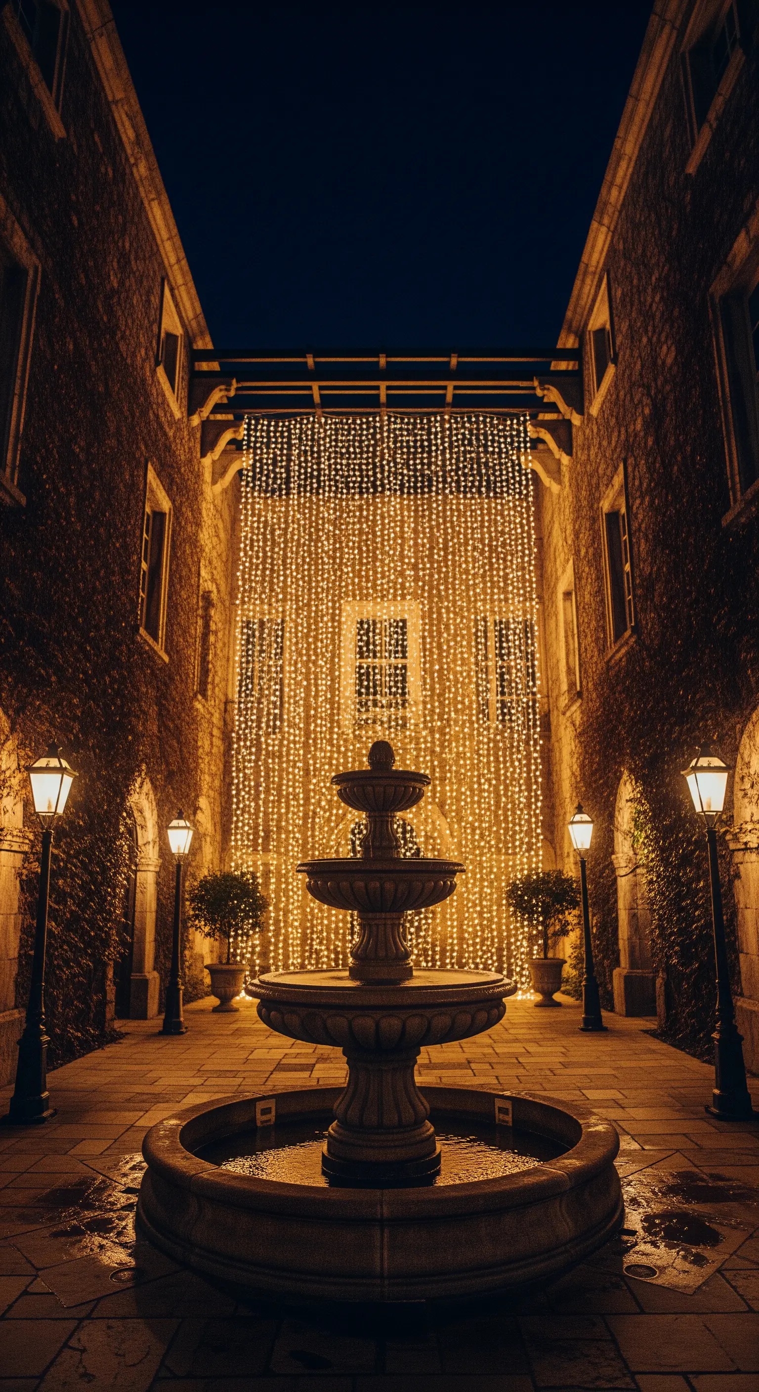Cortile con fontana centrale e una parete interamente coperta da una cascata di luci dorate.