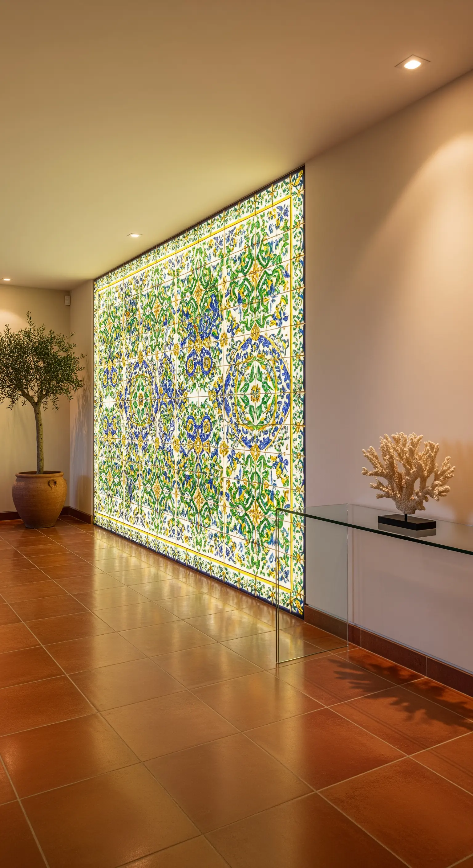 Grande pannello retroilluminato con stampa di maioliche in un ingresso moderno con pavimento in cotto.