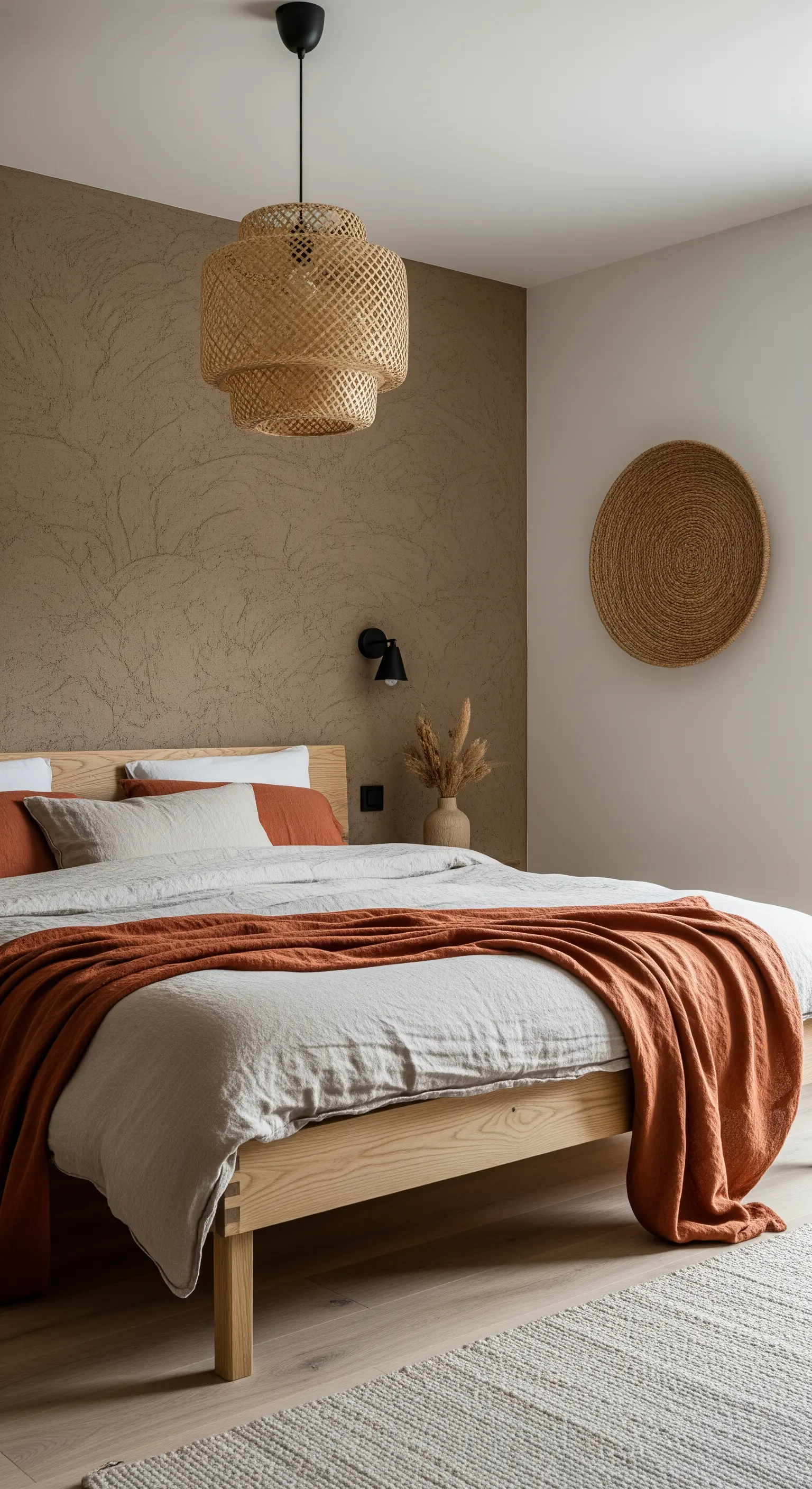 Camera da letto con parete materica beige, letto in legno chiaro e coperta terracotta.