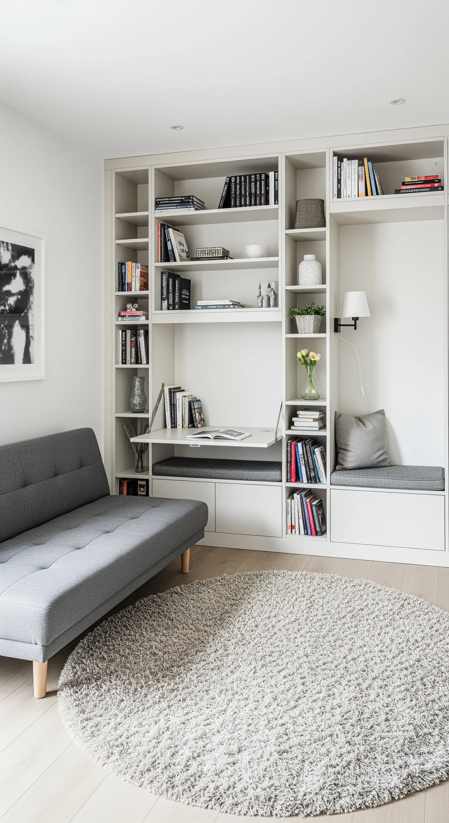 Parete attrezzata bianca con scrivania a scomparsa e panca integrata in un piccolo soggiorno.