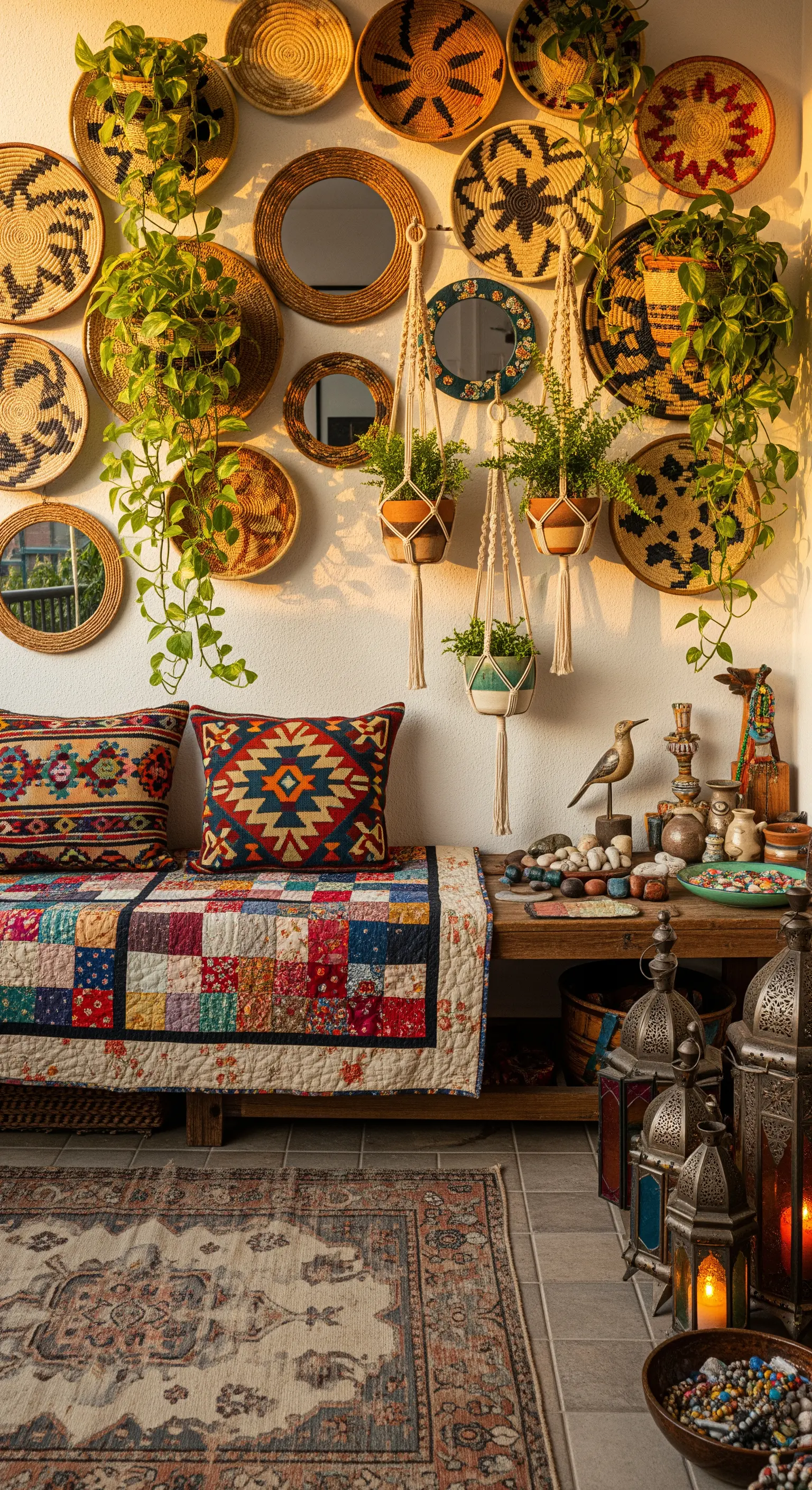 Parete decorata con cesti intrecciati e specchi, panca con quilt patchwork e cuscini etnici.