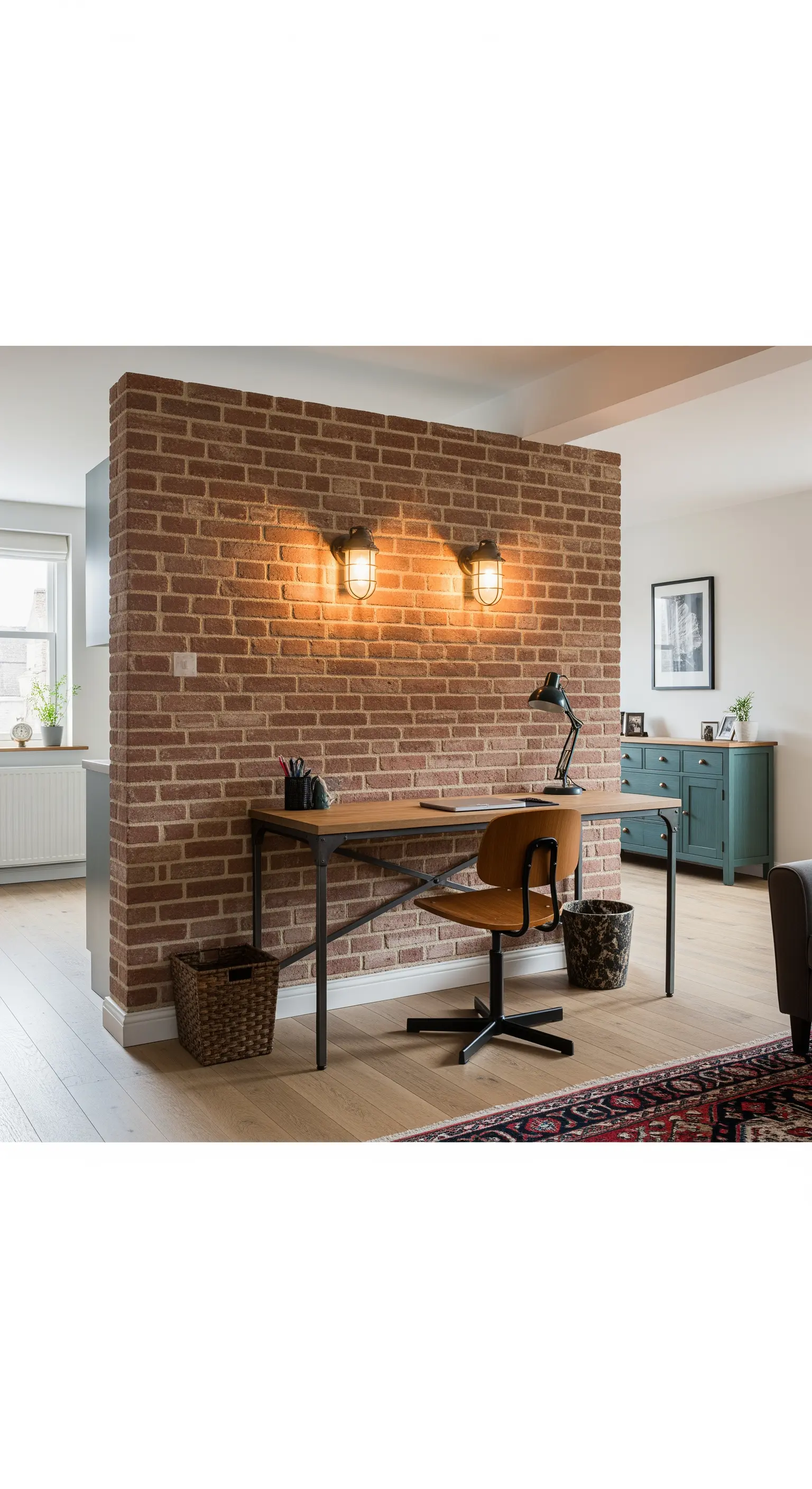 Parete divisoria in mattoni che separa un angolo studio dal resto della stanza.