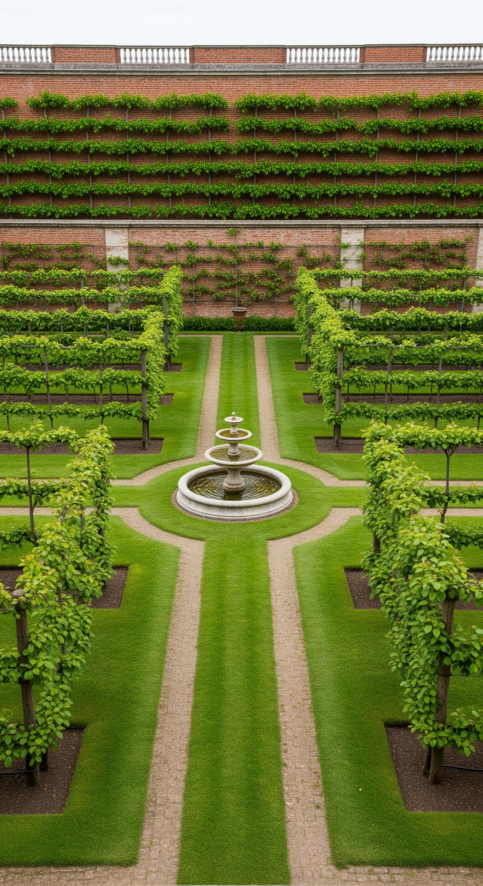 Alberi da frutto coltivati a spalliera contro un muro di mattoni, creando un motivo geometrico verde