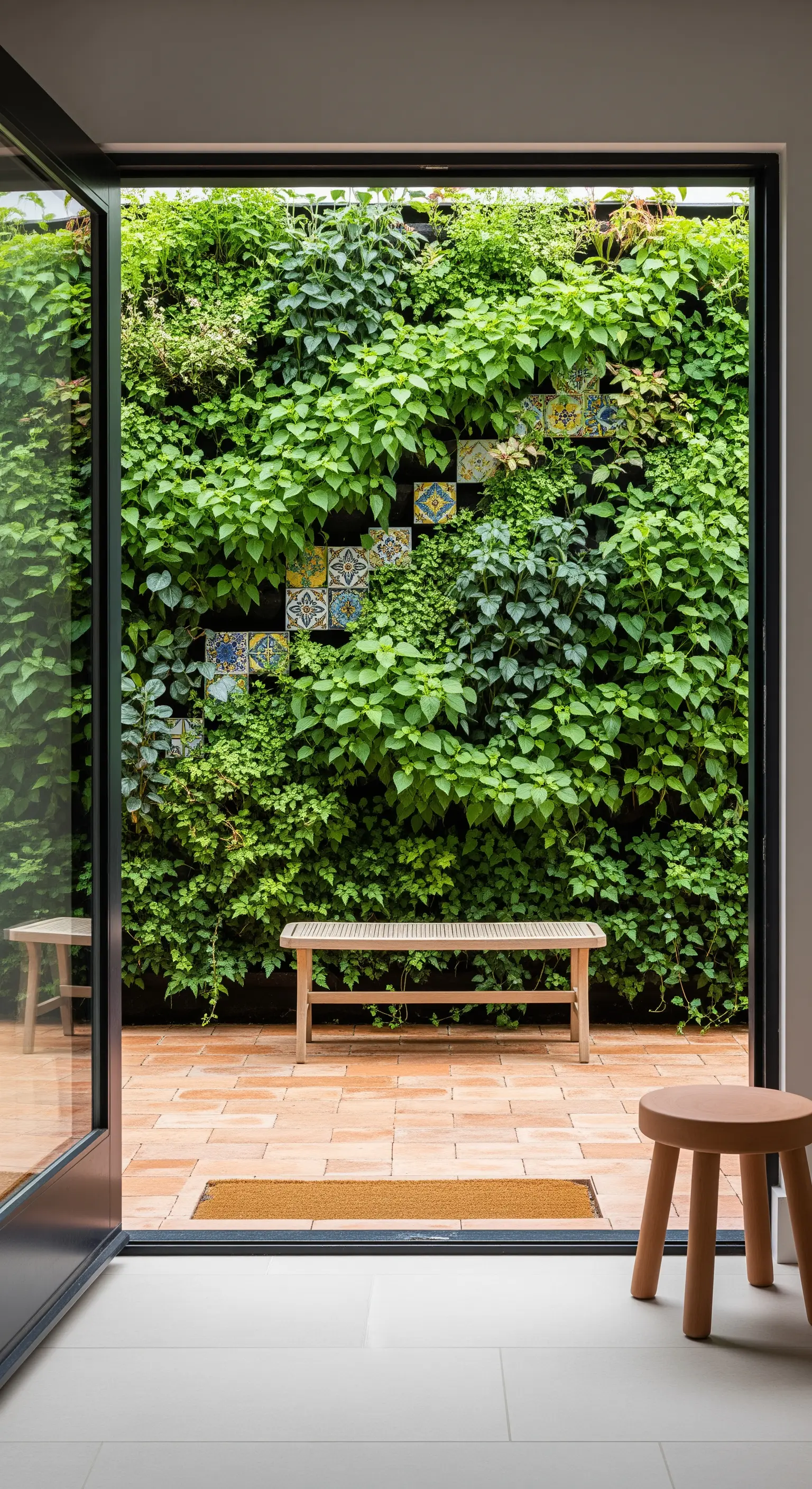 Patio esterno con una parete interamente coperta da un giardino verticale e piastrelle decorative.